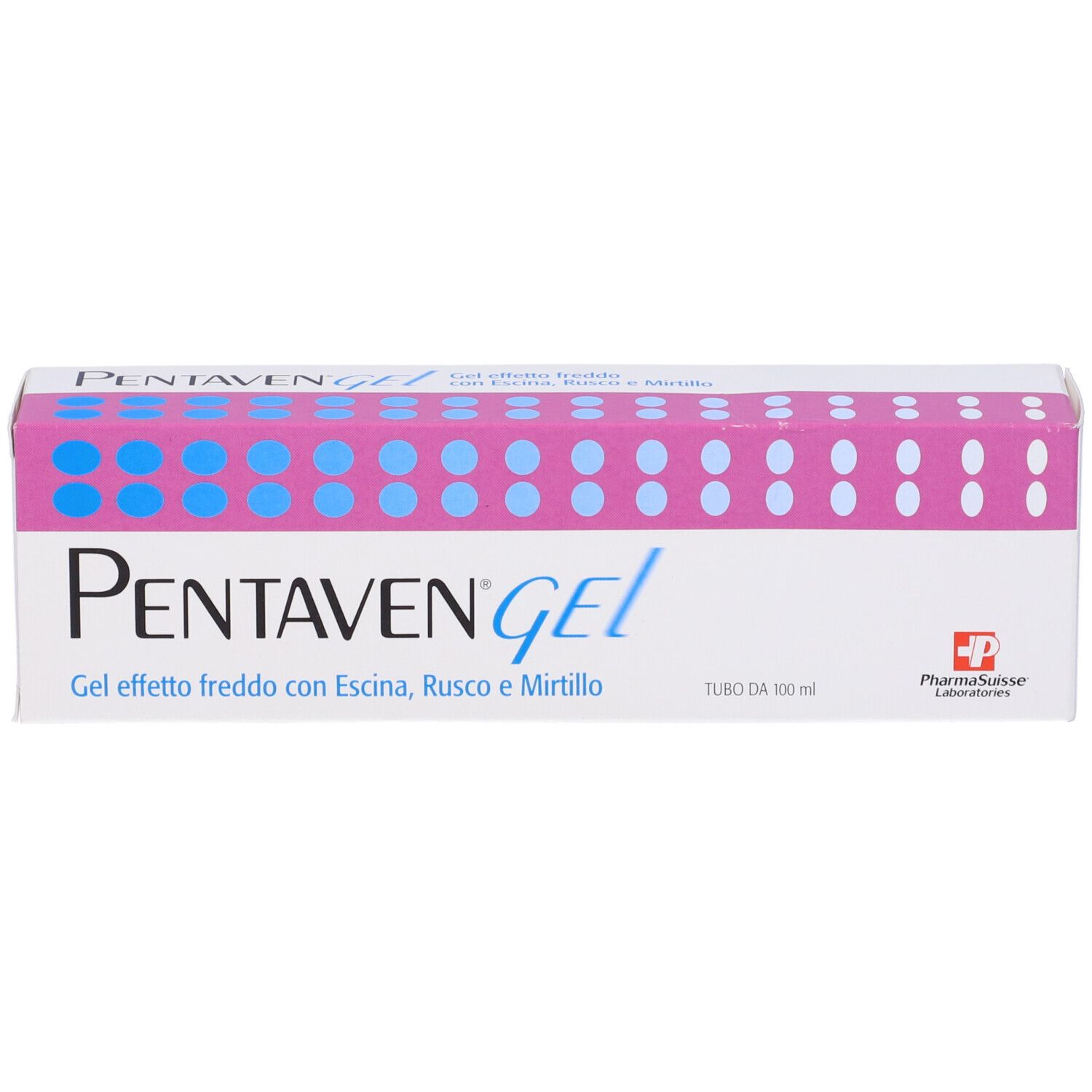 Confezione prodotto con punti blu-rosa. Testo: Gel effetto freddo con Escina, Rusco e Mirtillo. PharmaSuisse Laboratories.