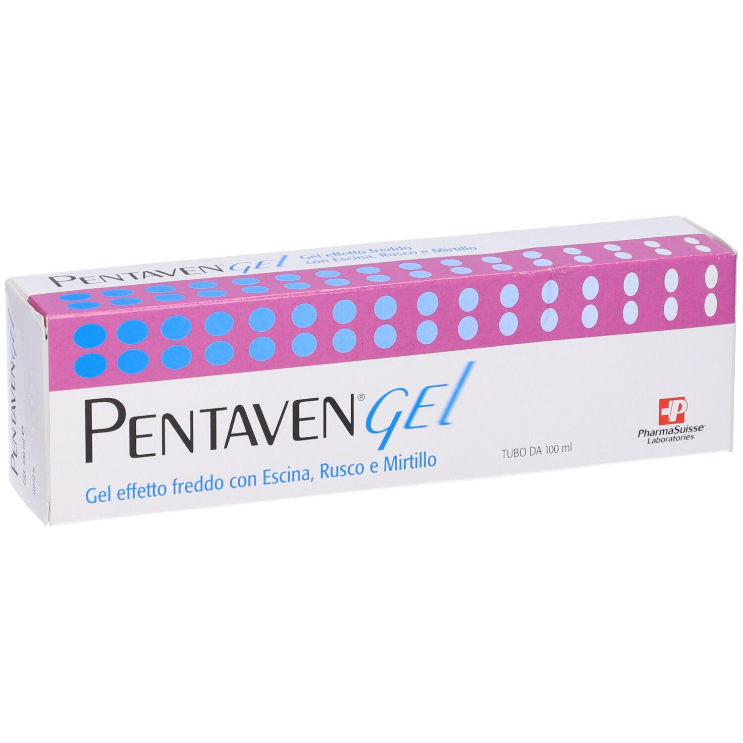 Confezione prodotto con punti blu-rosa. Testo: Gel effetto freddo con Escina, Rusco e Mirtillo. PharmaSuisse Laboratories.