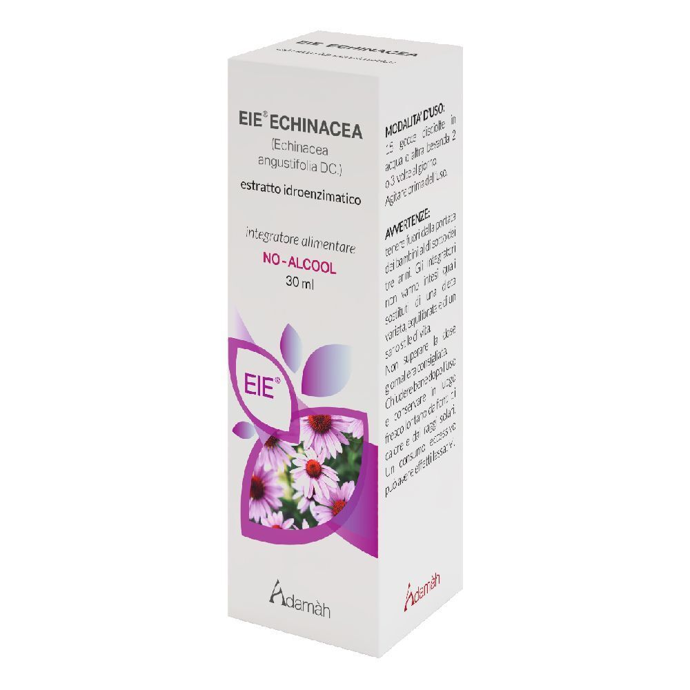 Scatola bianca con stampa del prodotto. Scritta: EIE Echinacea, 30 ml, NO-ALCOOL. Immagine di fiori di echinacea.