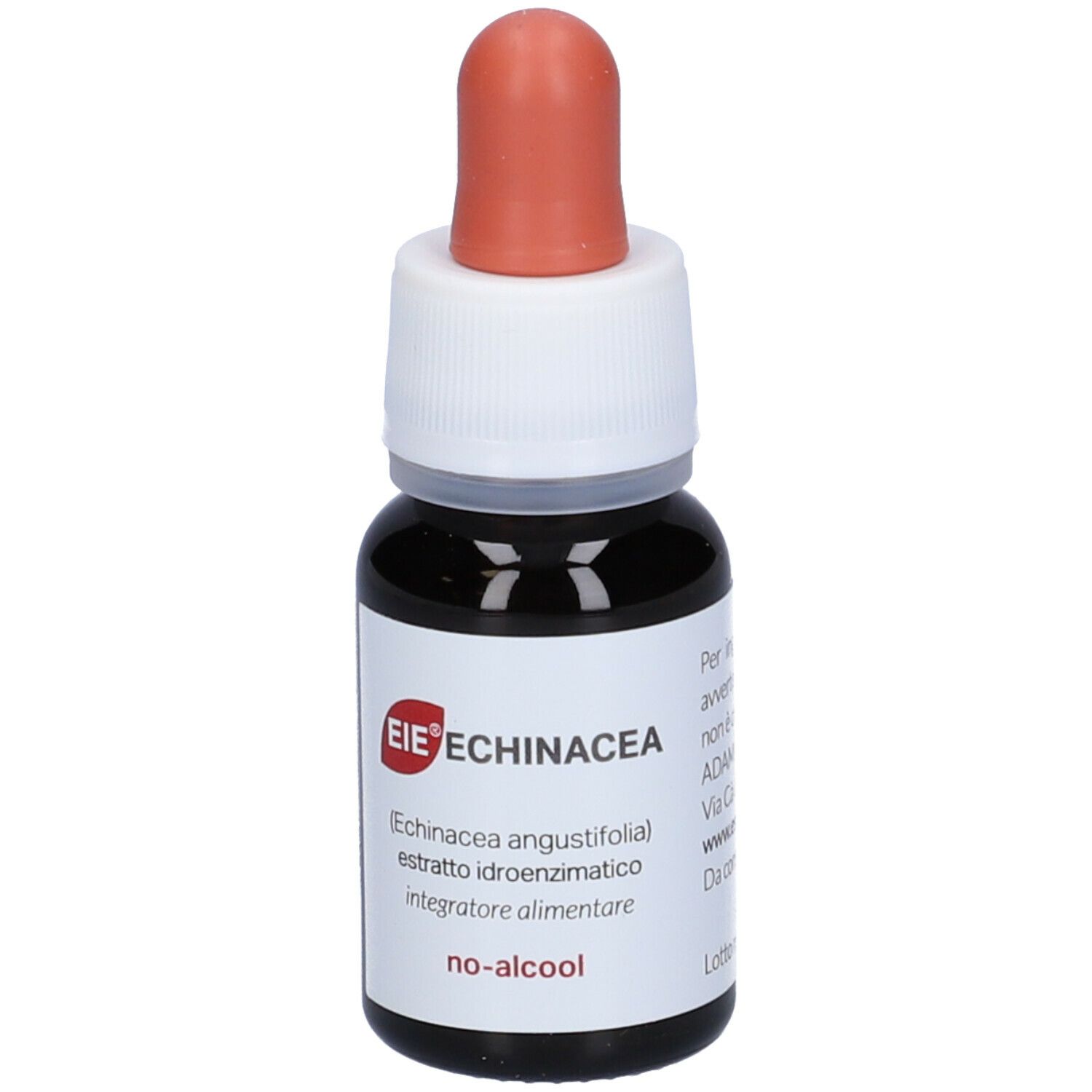 Flacone di vetro marrone con contagocce. Scritta: EIE Echinacea, no-alcool. Contagocce con punta rossa.