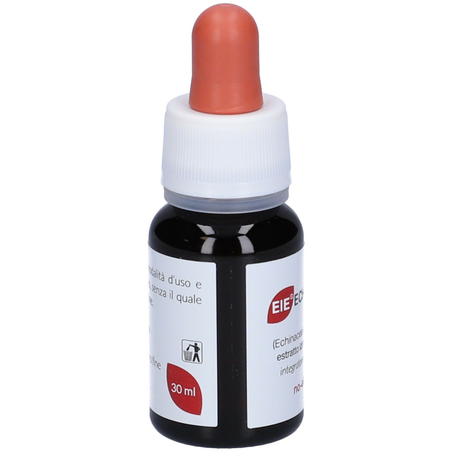 Flacone di vetro marrone con contagocce. Scritta: EIE Echinacea, no-alcool. Contagocce con punta rossa. 30 ml.