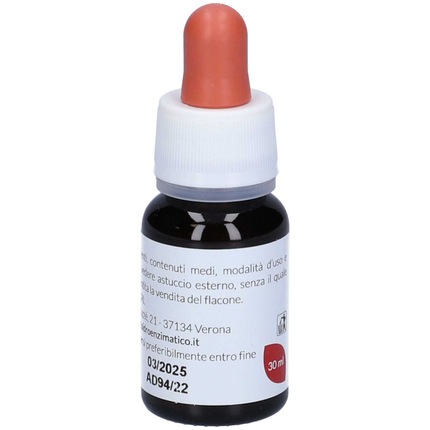 Flacone di vetro marrone con contagocce. Scritta: EIE Echinacea, no-alcool. Contagocce con punta rossa. 30 ml.