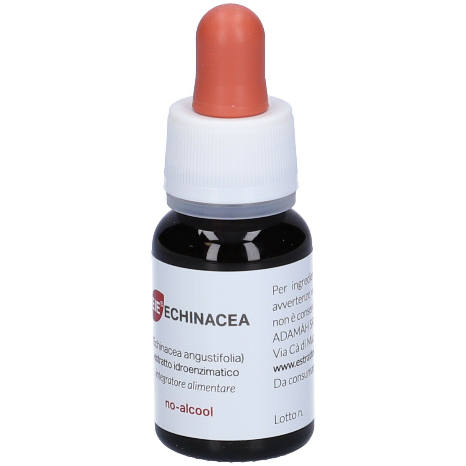 Flacone di vetro marrone con contagocce. Scritta: EIE Echinacea, no-alcool. Contagocce con punta rossa. 30 ml.