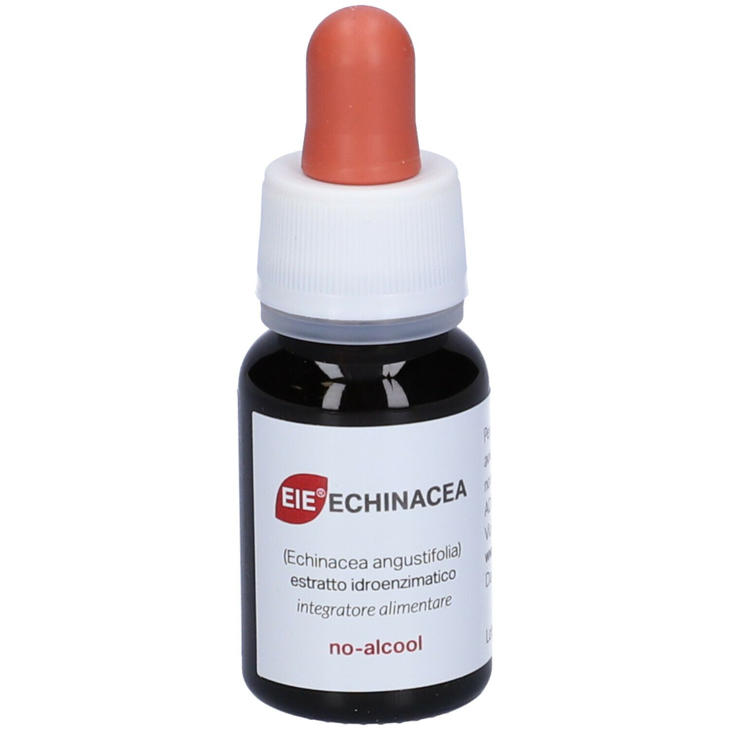Flacone di vetro marrone con contagocce. Scritta: EIE Echinacea, no-alcool. Contagocce con punta rossa. 30 ml.