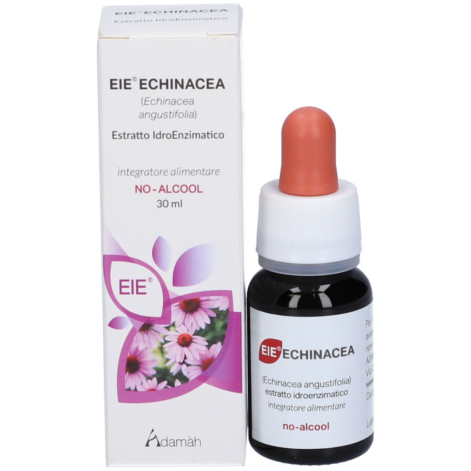 Flacone e confezione del prodotto. Scritta: EIE Echinacea, no-alcool, 30 ml. Contagocce con punta rossa.