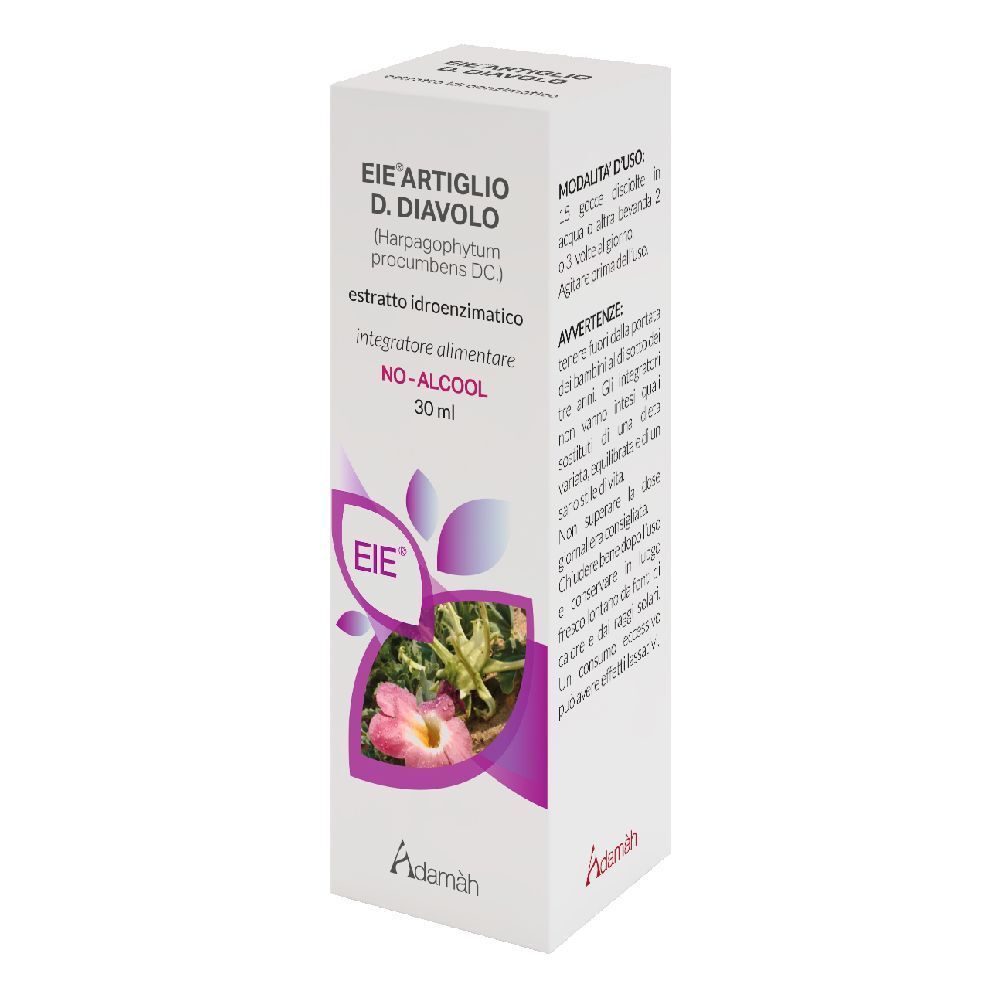 Scatola bianca con informazioni sul prodotto. Accenti viola e illustrazione di una pianta. Testo: EIE Artiglio D. Diavolo, 30 ml.