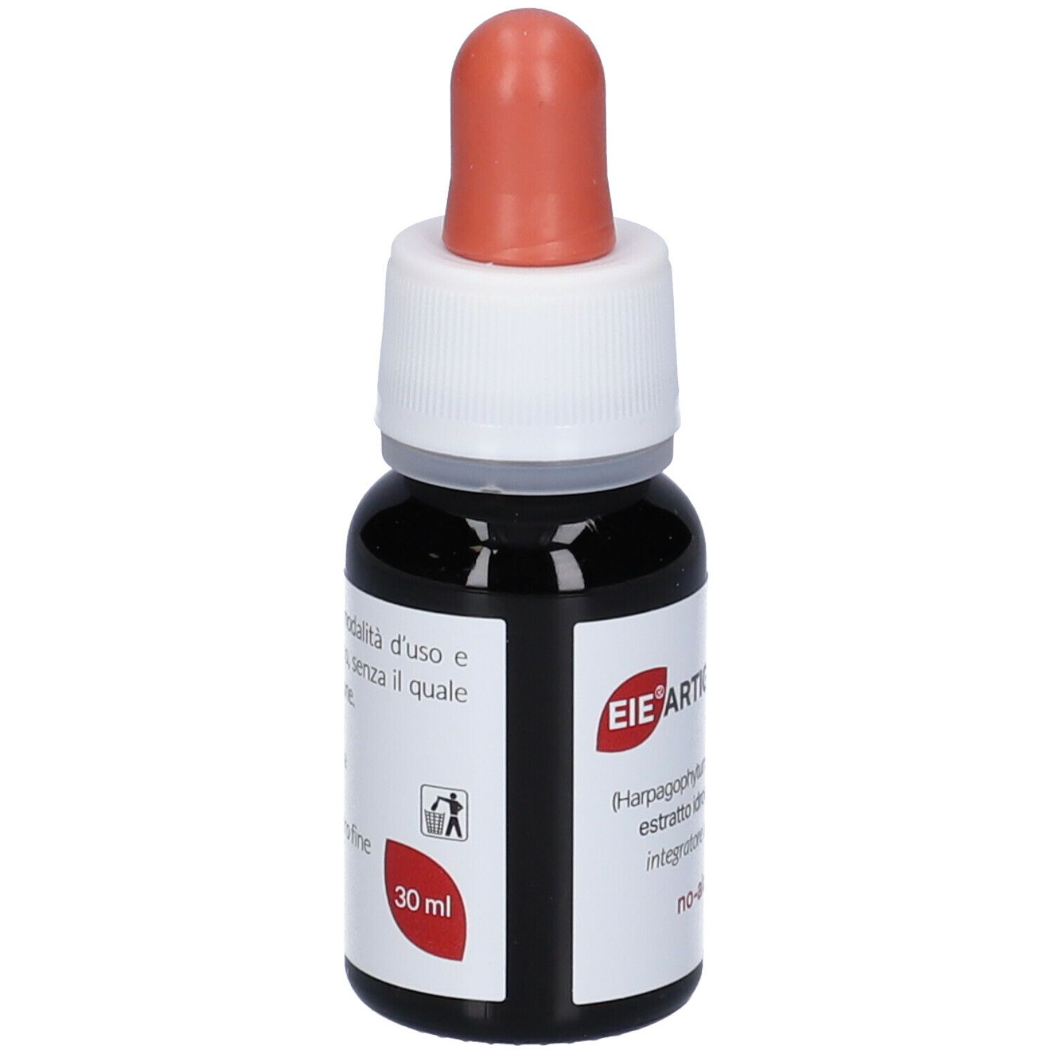 Piccola bottiglia di vetro con liquido marrone e contagocce. Tappo bianco con punta rossa. Etichetta: EIE Artiglio D. D., 30 ml.