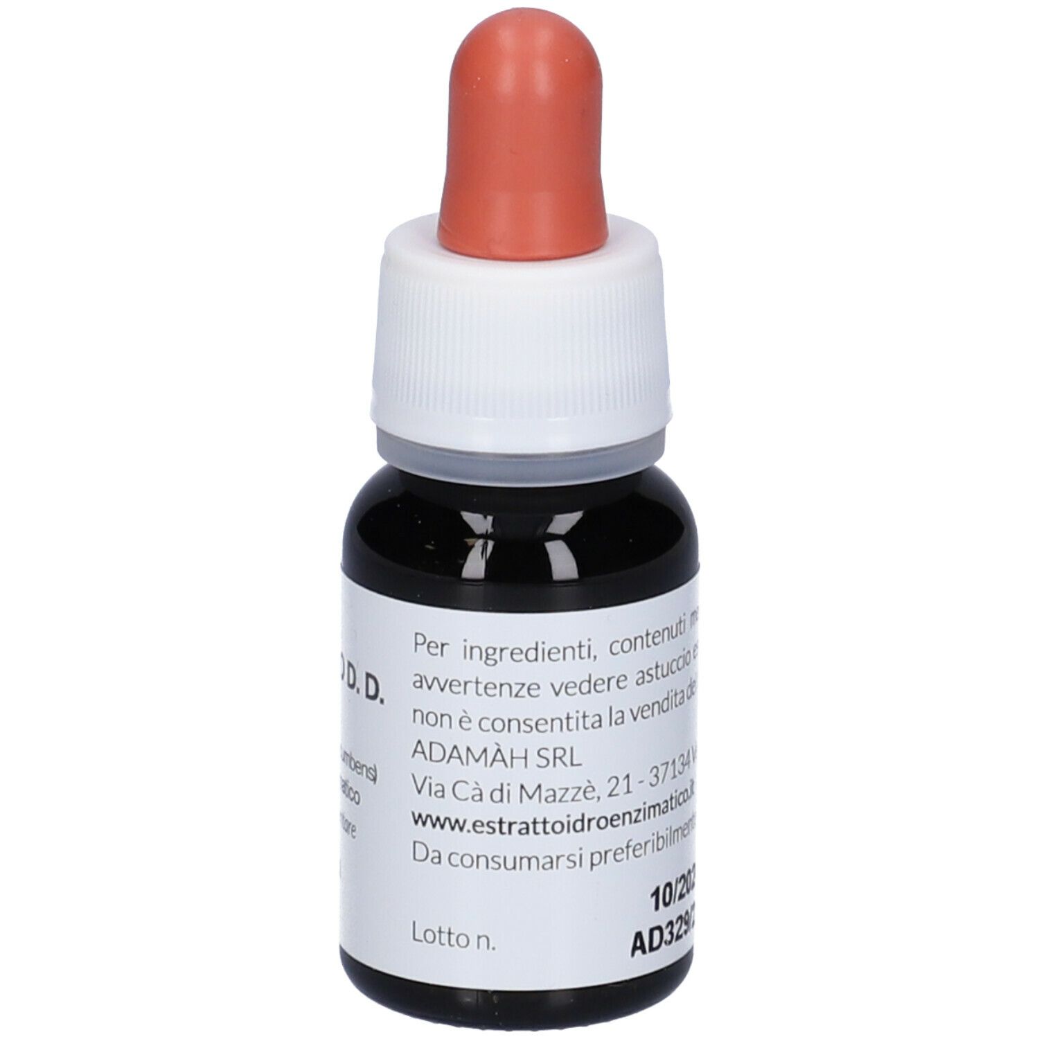 Piccola bottiglia di vetro con liquido marrone e contagocce. Tappo bianco con punta rossa. Etichetta con testo e indirizzo del produttore.