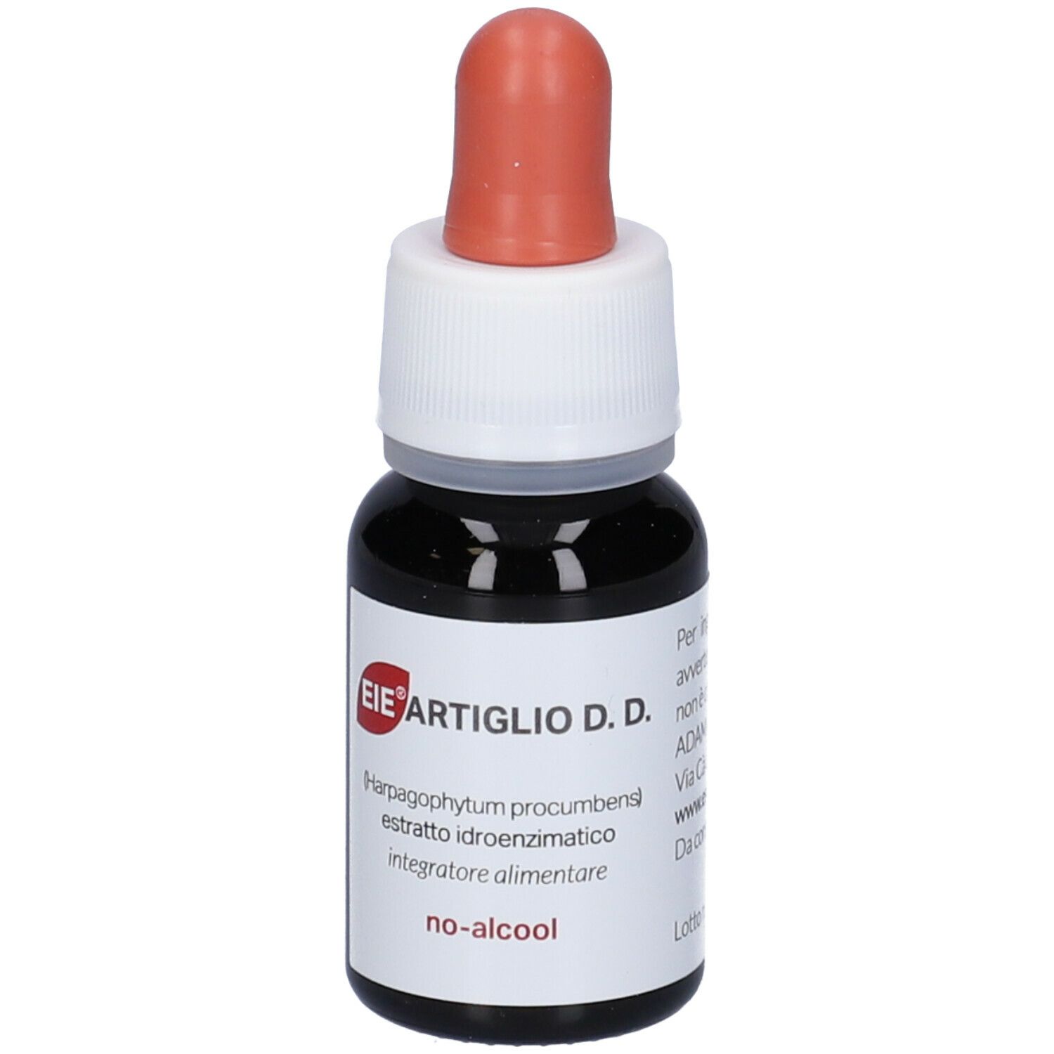 Piccola bottiglia di vetro con liquido marrone e contagocce. Tappo bianco con punta rossa. Etichetta con nome del prodotto e ingredienti.