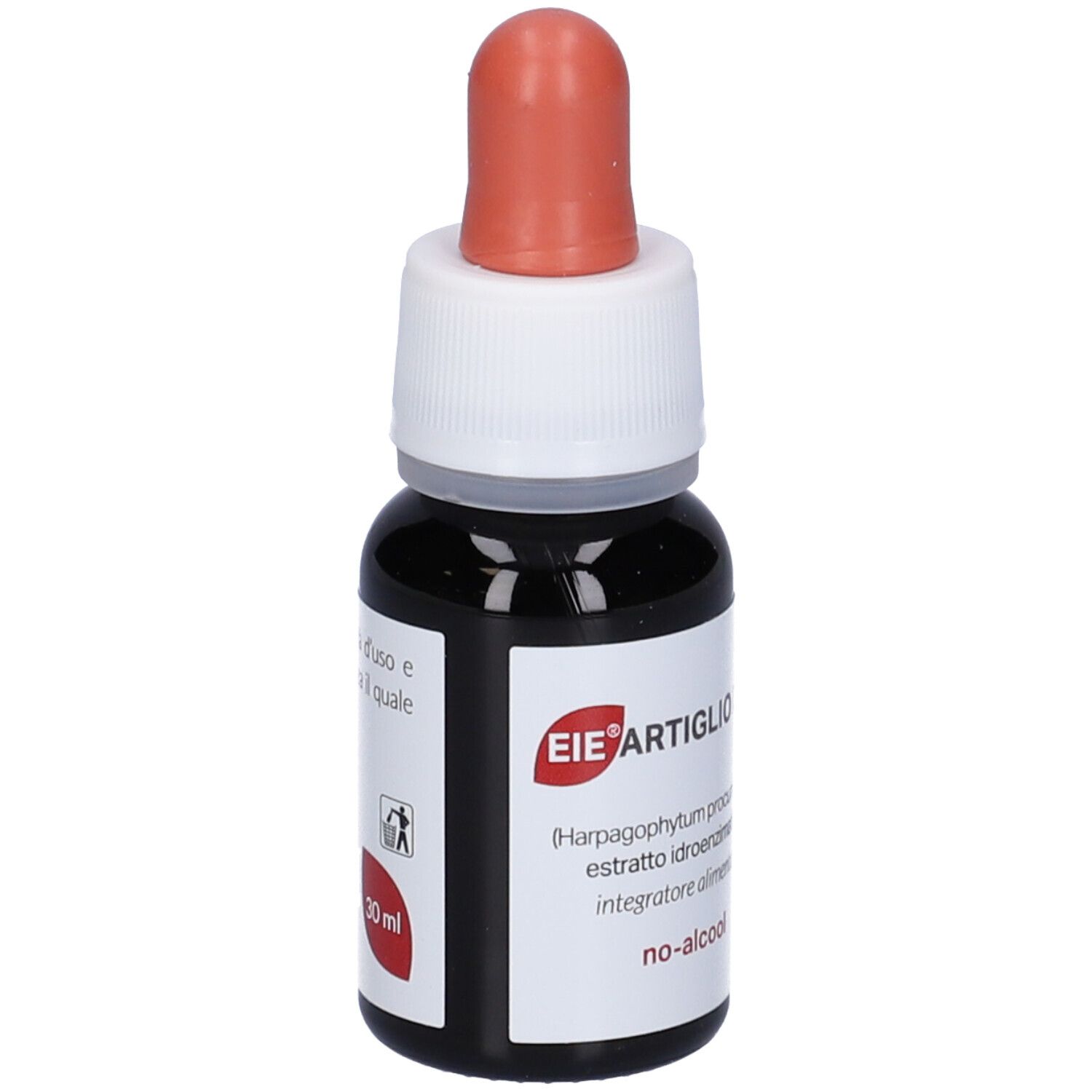 Piccola bottiglia di vetro con liquido marrone e contagocce. Tappo bianco con punta rossa. Etichetta con nome del prodotto e 'no-alcool'.