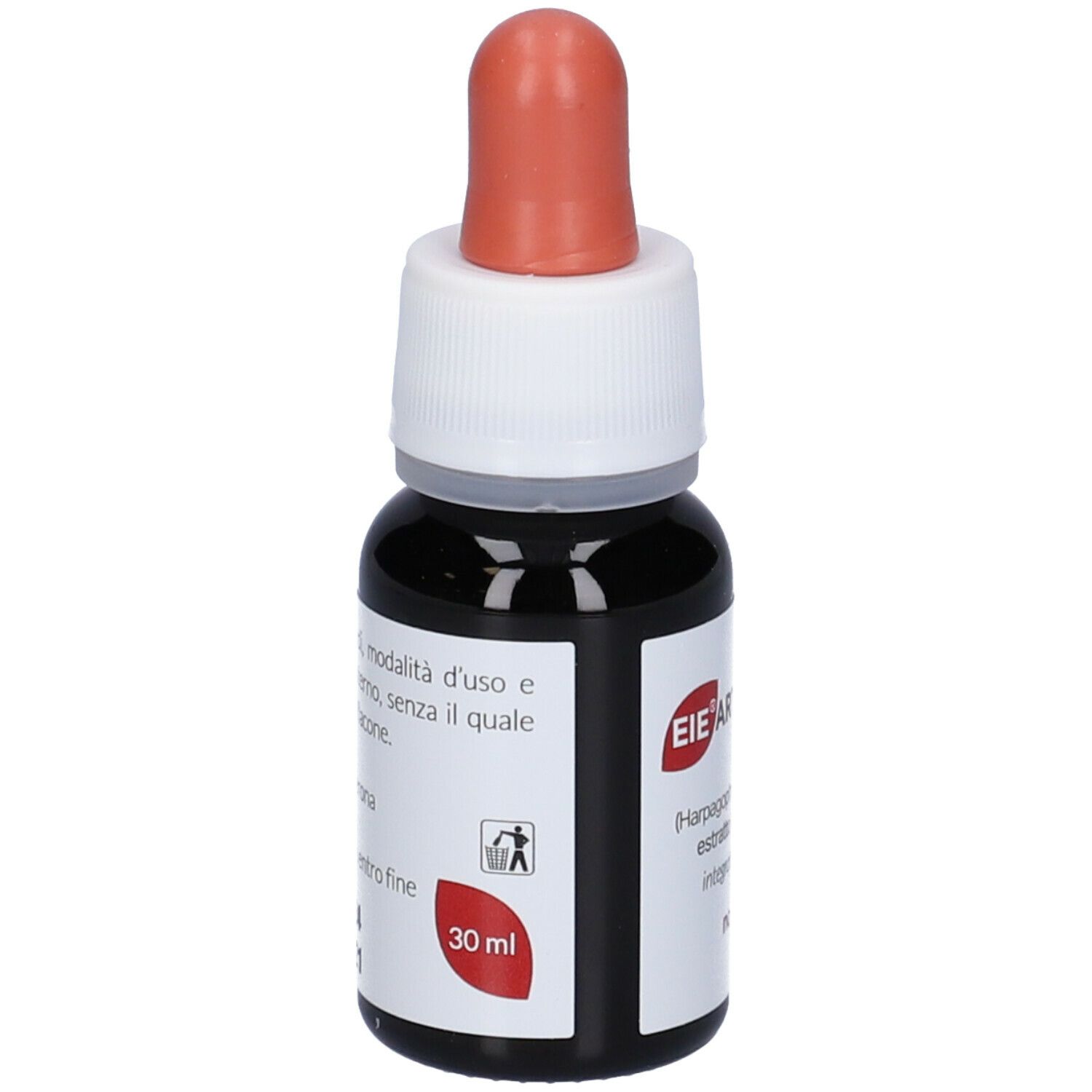 Piccola bottiglia di vetro con liquido marrone e contagocce. Tappo bianco con punta rossa. Etichetta con nome del prodotto e 30 ml.