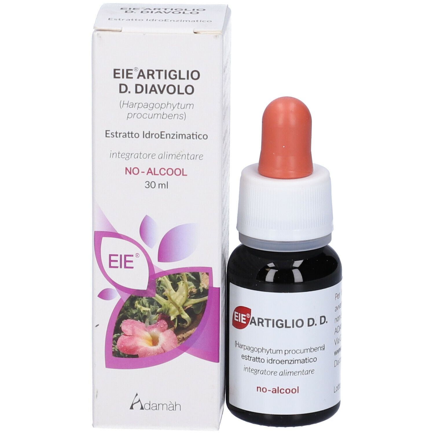 Bottiglia e confezione del prodotto. Bottiglia con liquido marrone, contagocce e tappo bianco. Confezione con nome e logo del prodotto.