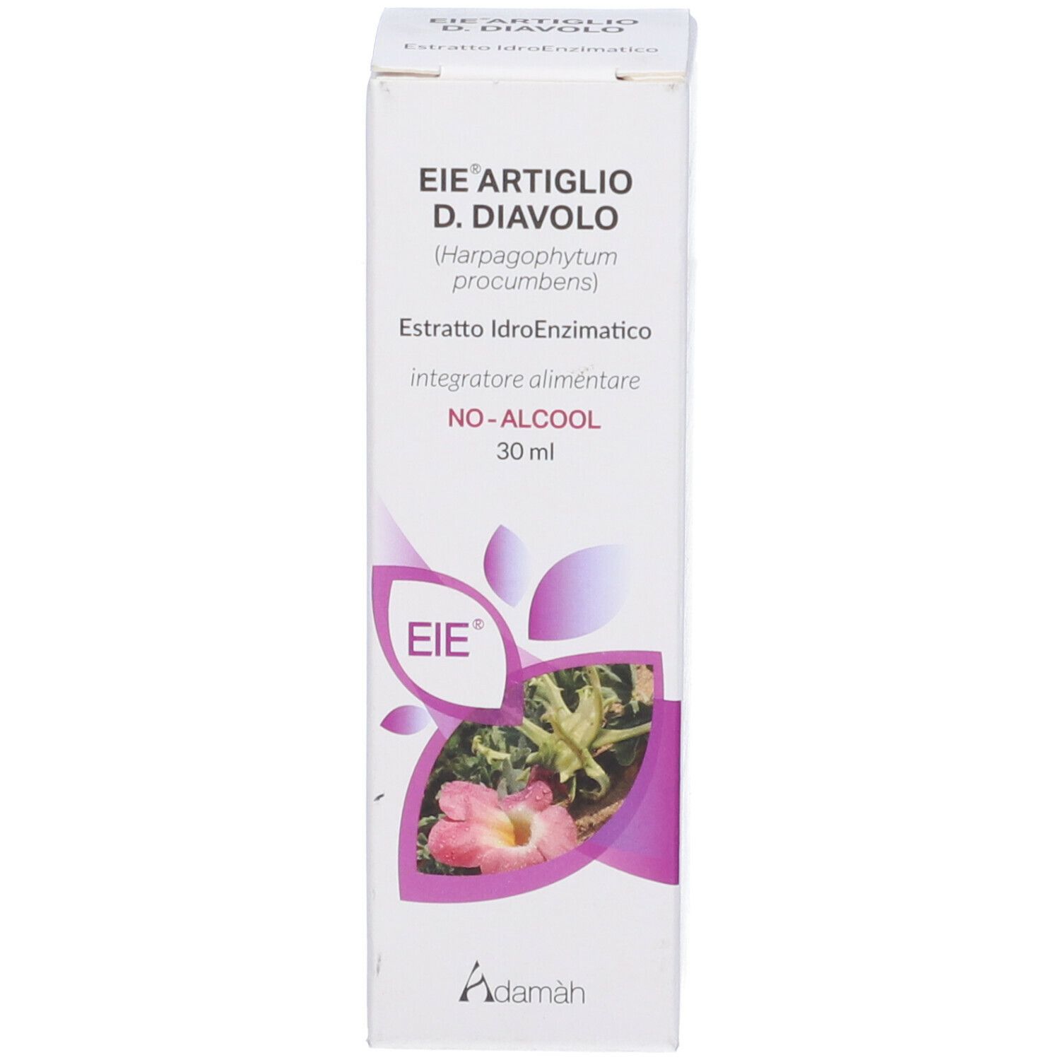Scatola bianca con informazioni sul prodotto. Accenti viola e illustrazione di una pianta. Testo: EIE Artiglio D. Diavolo, 30 ml.