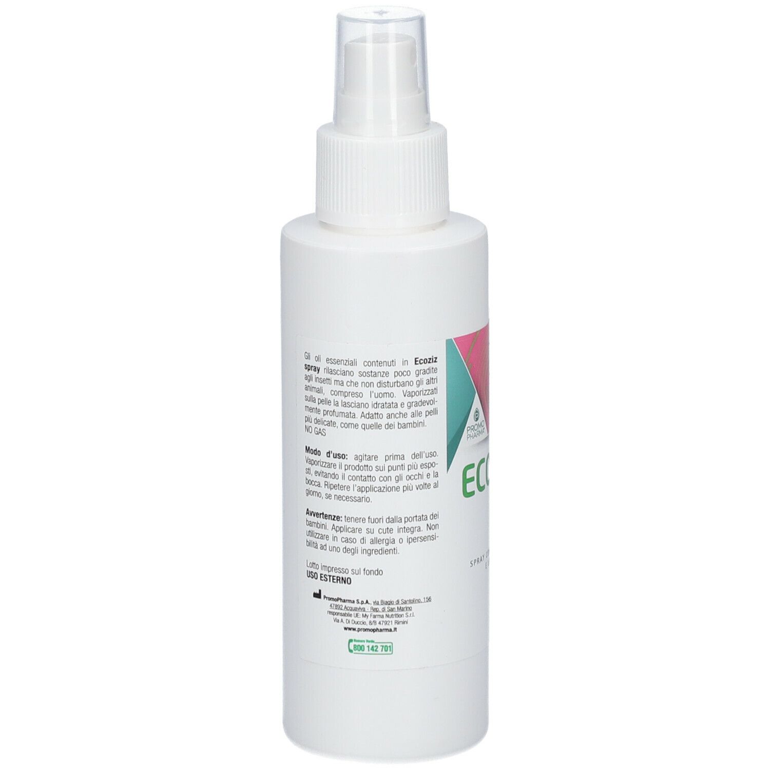Flacone spray bianco, retro con testo. Scritta: Ecoziz Zanzare Spray. Logo PromoPharma. Testo.