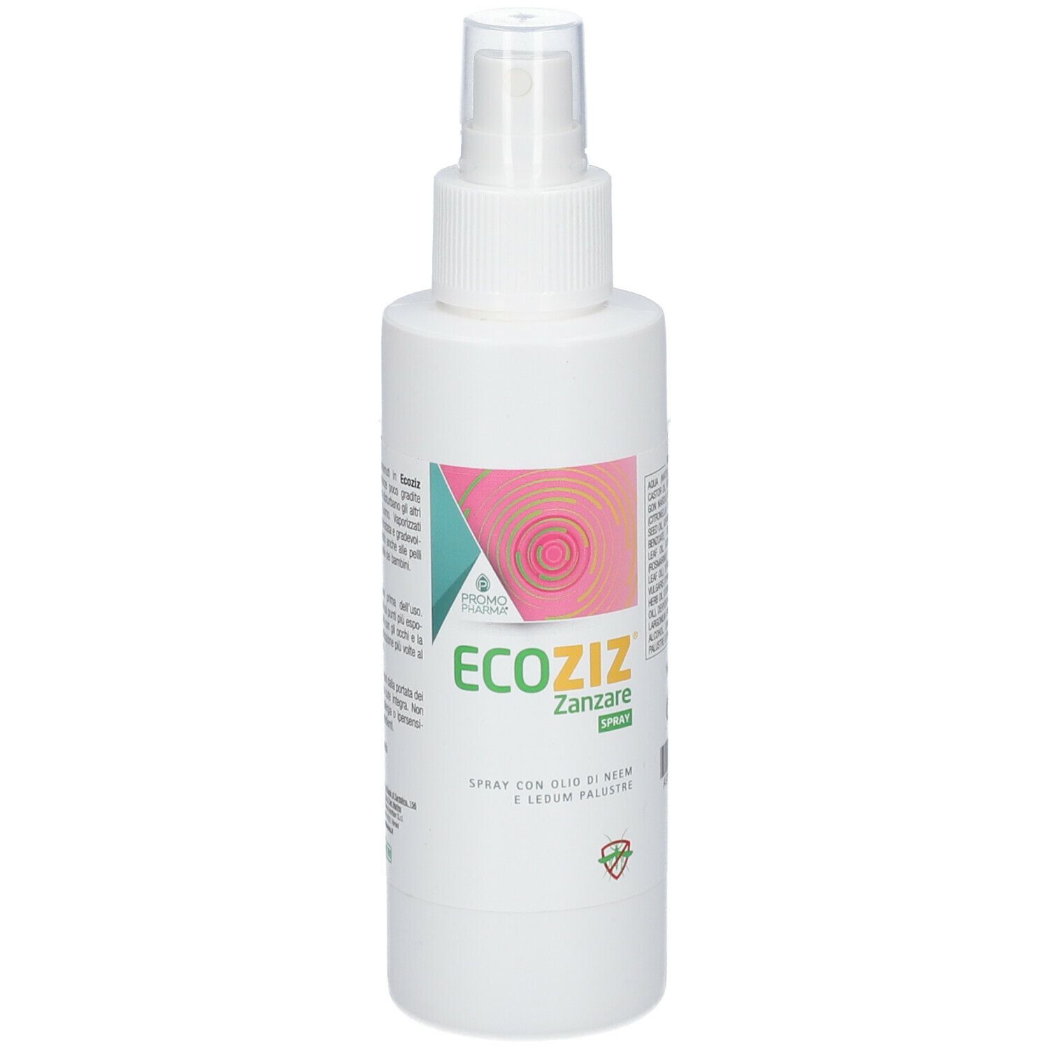 Flacone spray bianco, retro con testo. Scritta: Ecoziz Zanzare Spray. Logo PromoPharma. Testo.
