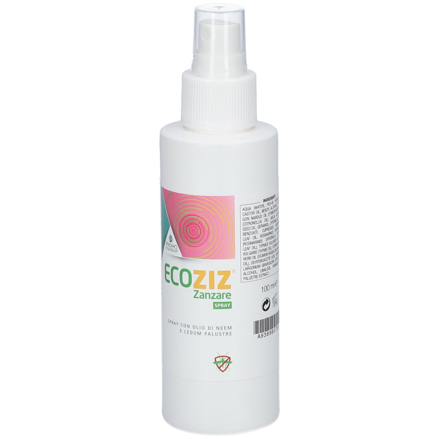 Flacone spray bianco con etichetta. Scritta: Ecoziz Zanzare Spray. Logo PromoPharma. Testo e 100 ml.