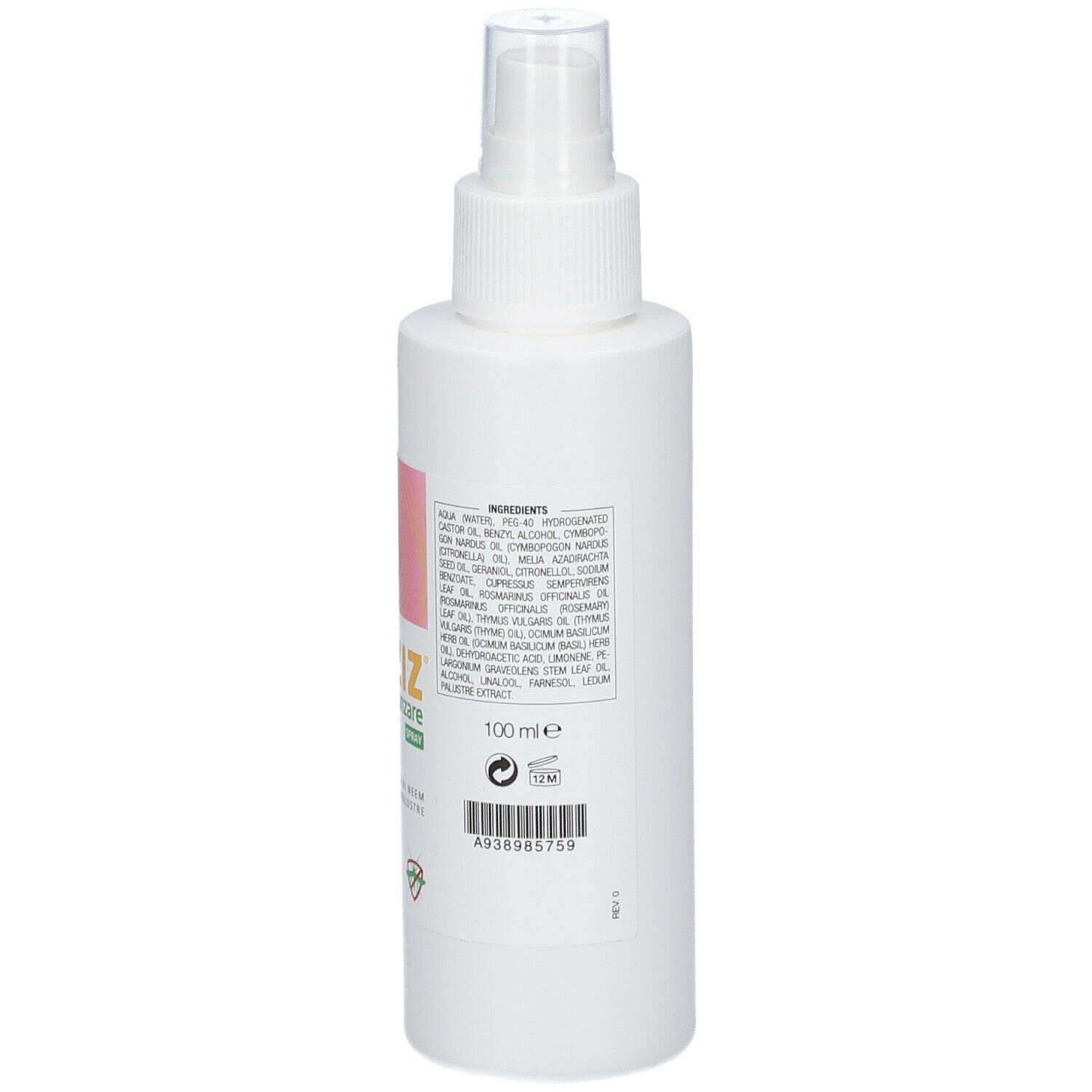 Flacone spray bianco, retro con testo. Scritta: Ecoziz Zanzare Spray. Logo PromoPharma. Testo e 100 ml.