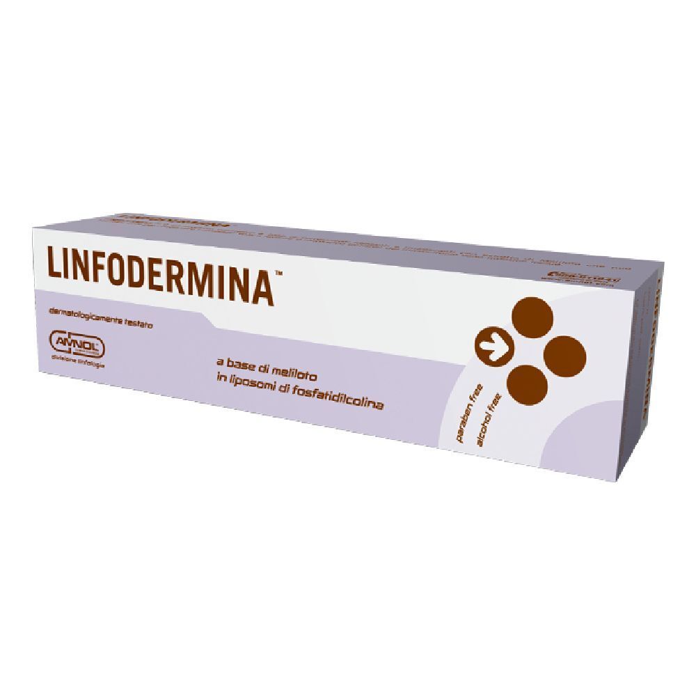 Scatola LINFODERMINA™. Design bianco e lilla, cerchi marroni con freccia. Dermatologicamente testato.