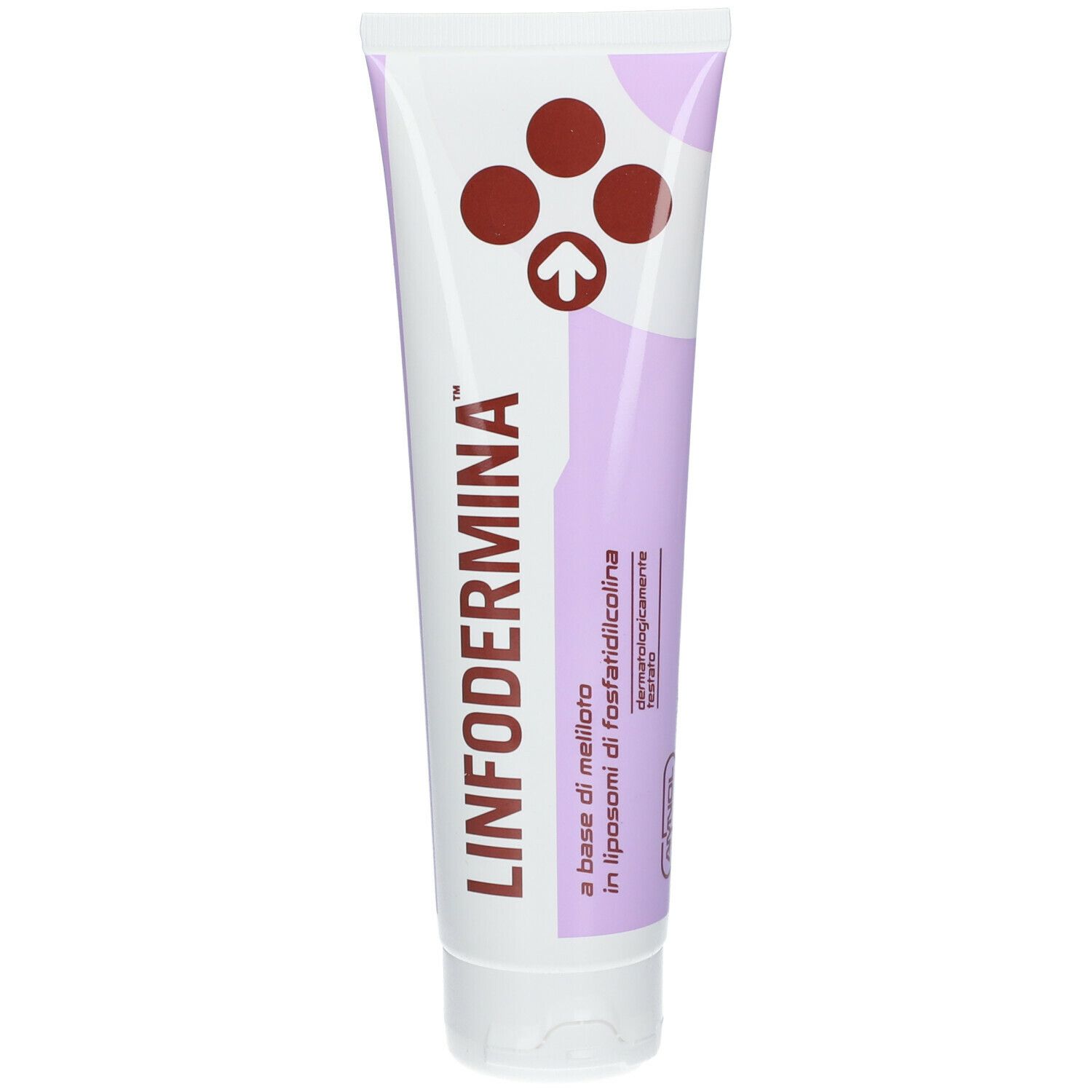 Tubo LINFODERMINA™. Bianco, accento lilla, cerchi marroni con freccia. Scritta: a base di mellito.