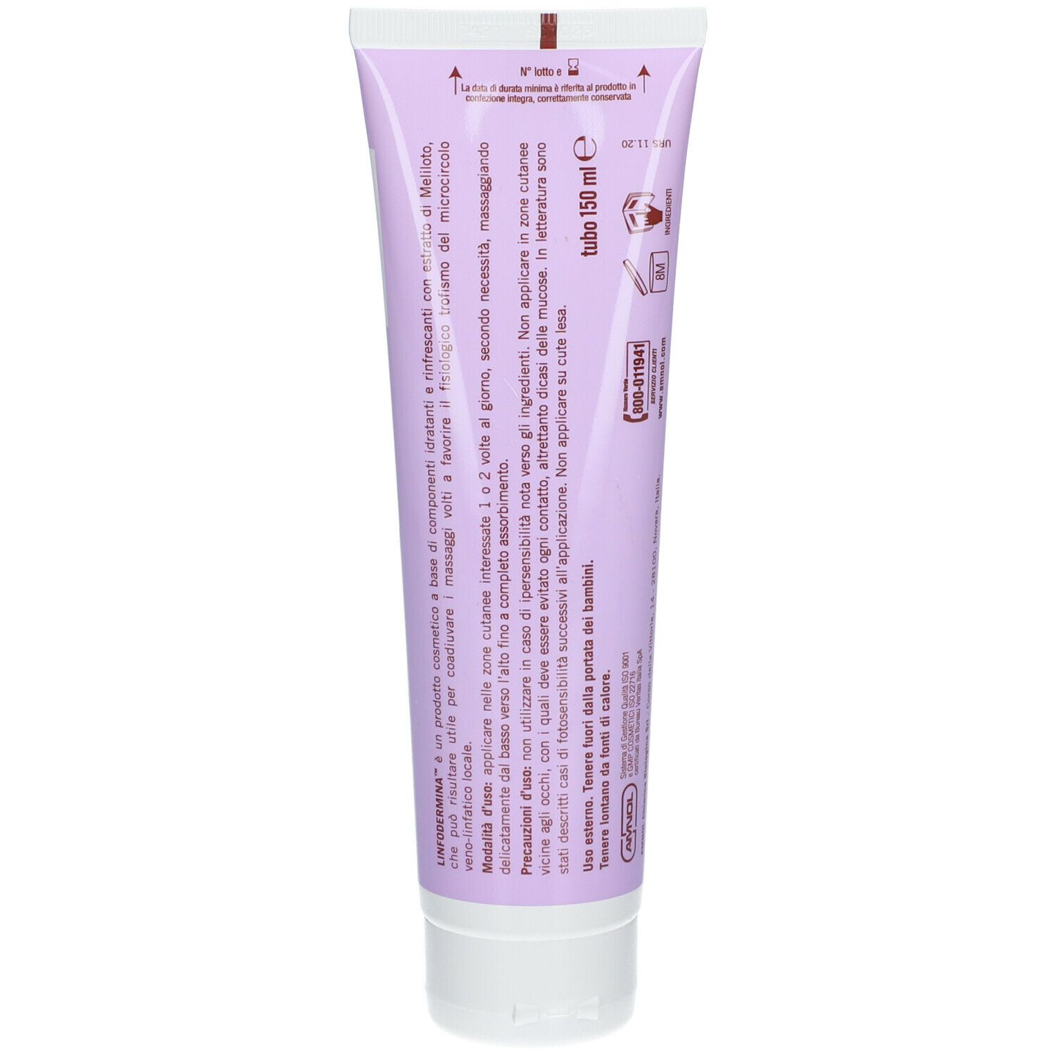 Retro del tubo LINFODERMINA™. Testo in italiano. Tubo da 150 ml. Dermatologicamente testato.