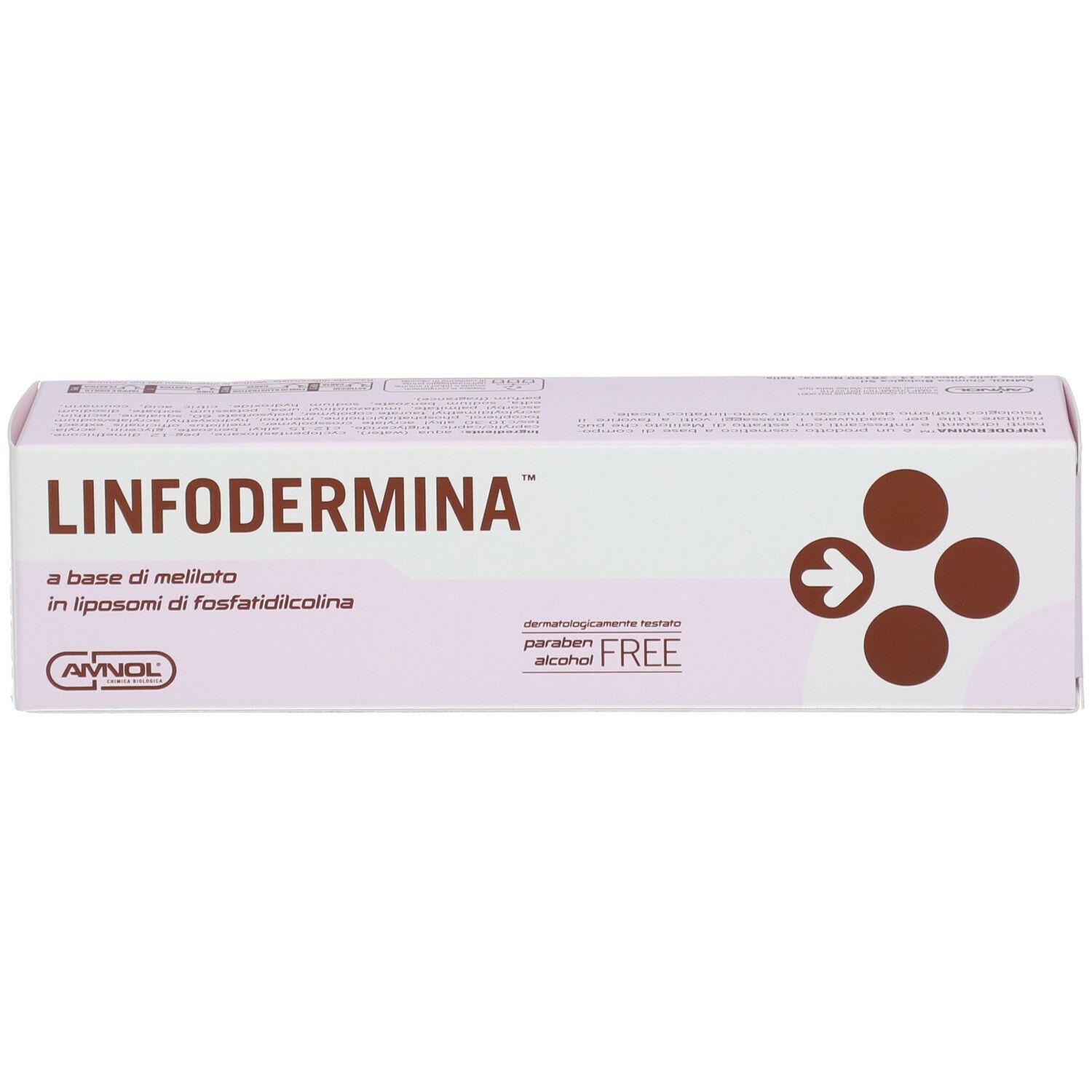 Scatola LINFODERMINA™. Design bianco e lilla, cerchi marroni con freccia. Scritta: a base di mellito.