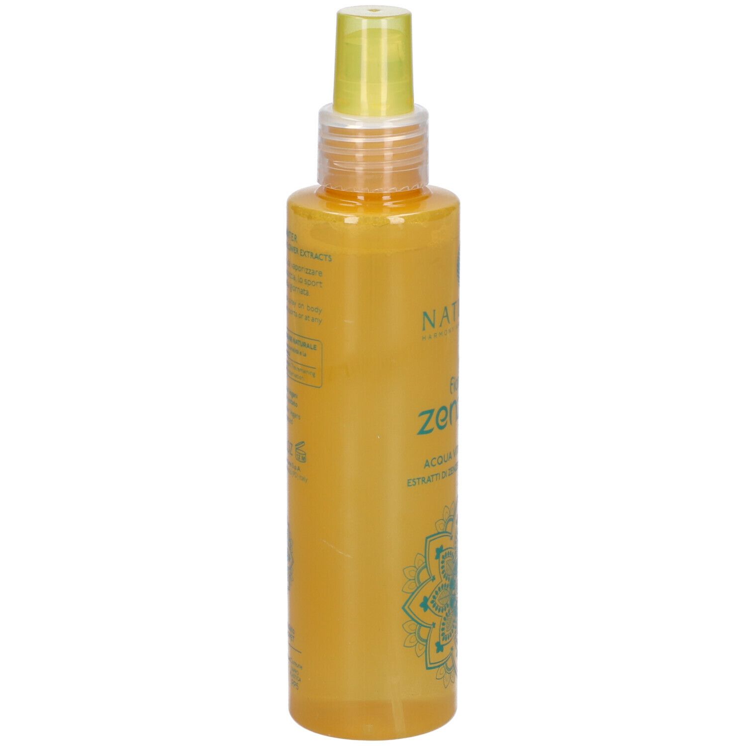 Gelbliche Flasche mit Sprühkopf. Aufschrift: NATURE'S, Fiori di Zenzero, Aqua Vitalizzante. Rückseite mit Text.