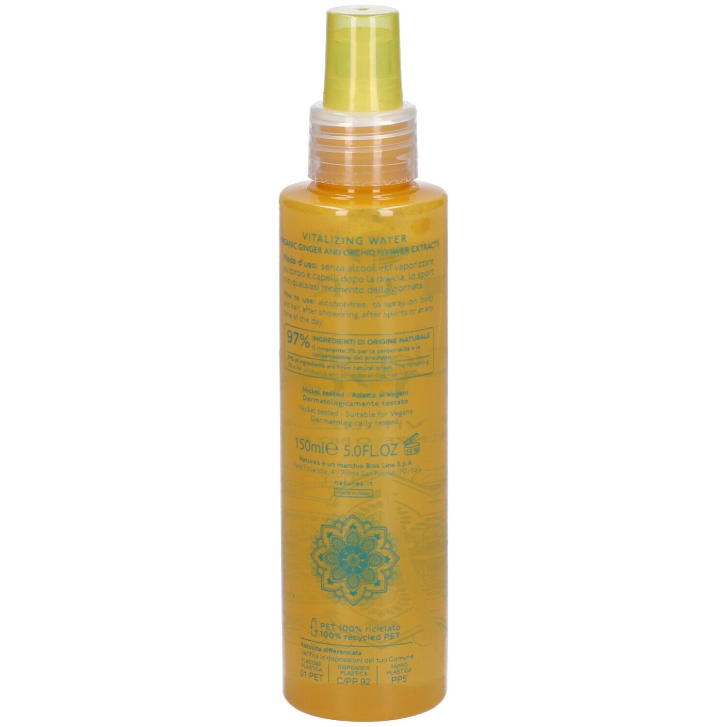 Gelbliche Flasche mit Sprühkopf. Aufschrift: NATURE'S, Fiori di Zenzero, Aqua Vitalizzante. Rückseite mit Text.