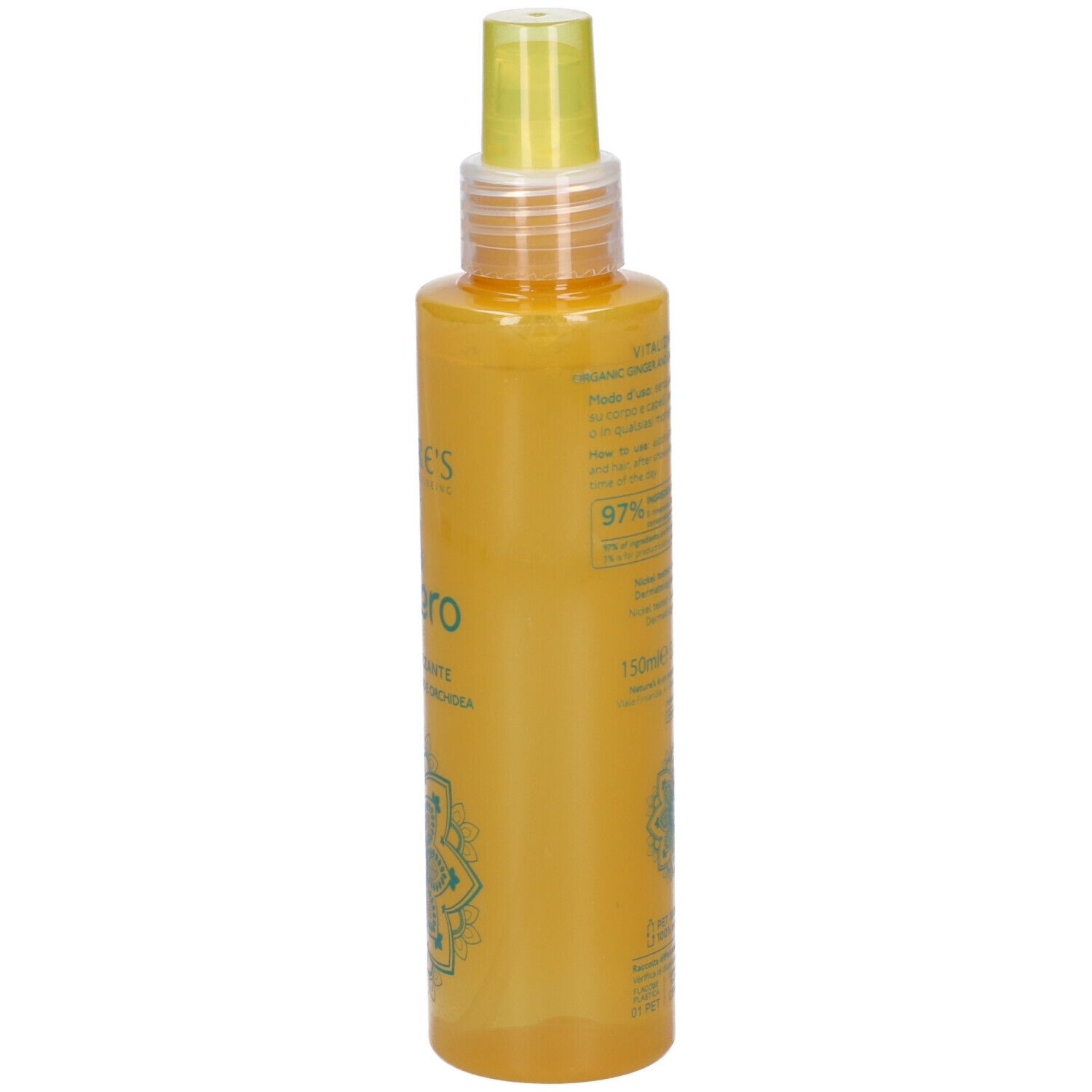 Gelbliche Flasche mit Sprühkopf. Aufschrift: NATURE'S, Fiori di Zenzero, Aqua Vitalizzante. Rückseite mit Text.