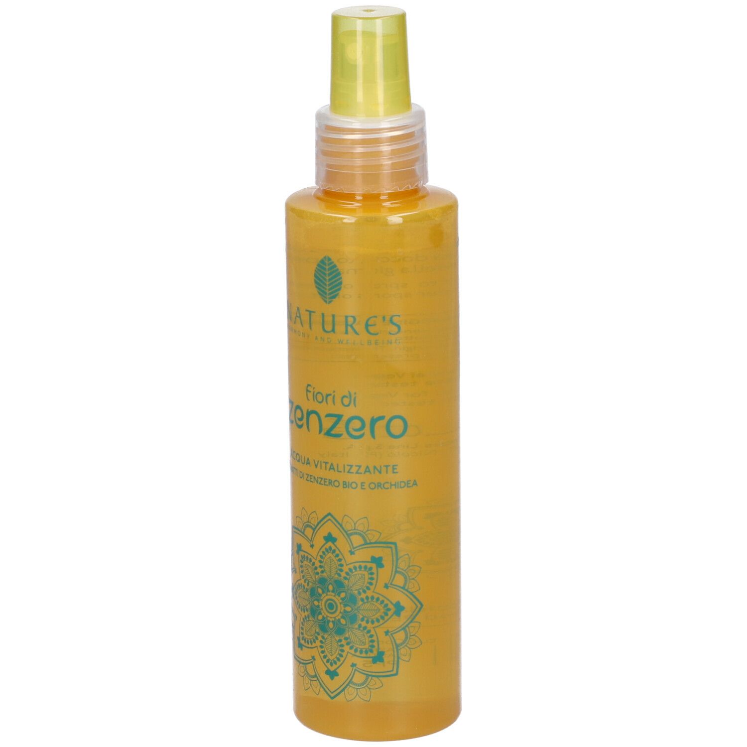 Gelbliche Flasche mit Sprühkopf. Aufschrift: NATURE'S, Fiori di Zenzero, Aqua Vitalizzante. Türkises Blumenmuster.