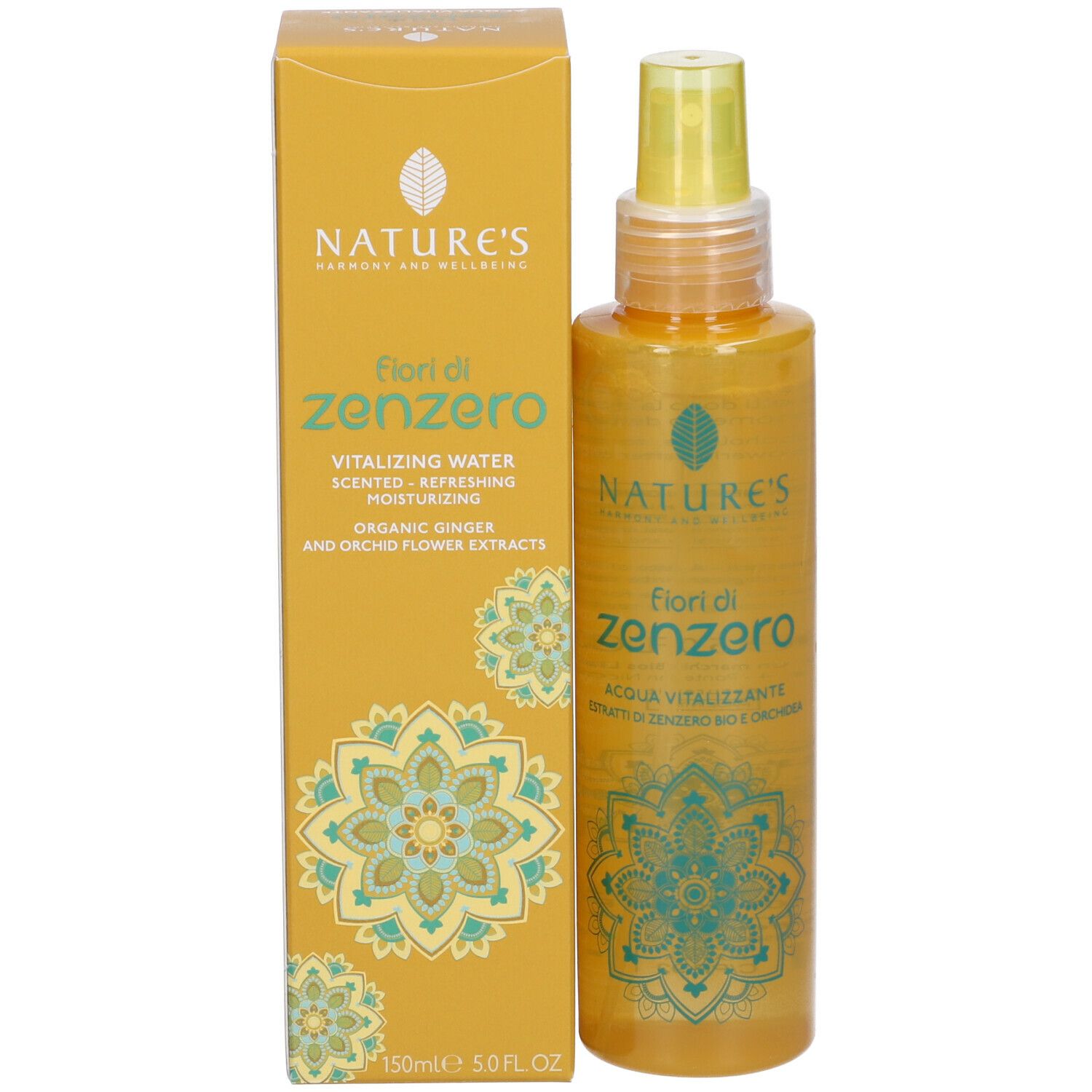 Gelbliche Flasche mit Sprühkopf und Karton. Aufschrift: NATURE'S, Fiori di Zenzero, Aqua Vitalizzante. Türkises Blumenmuster.