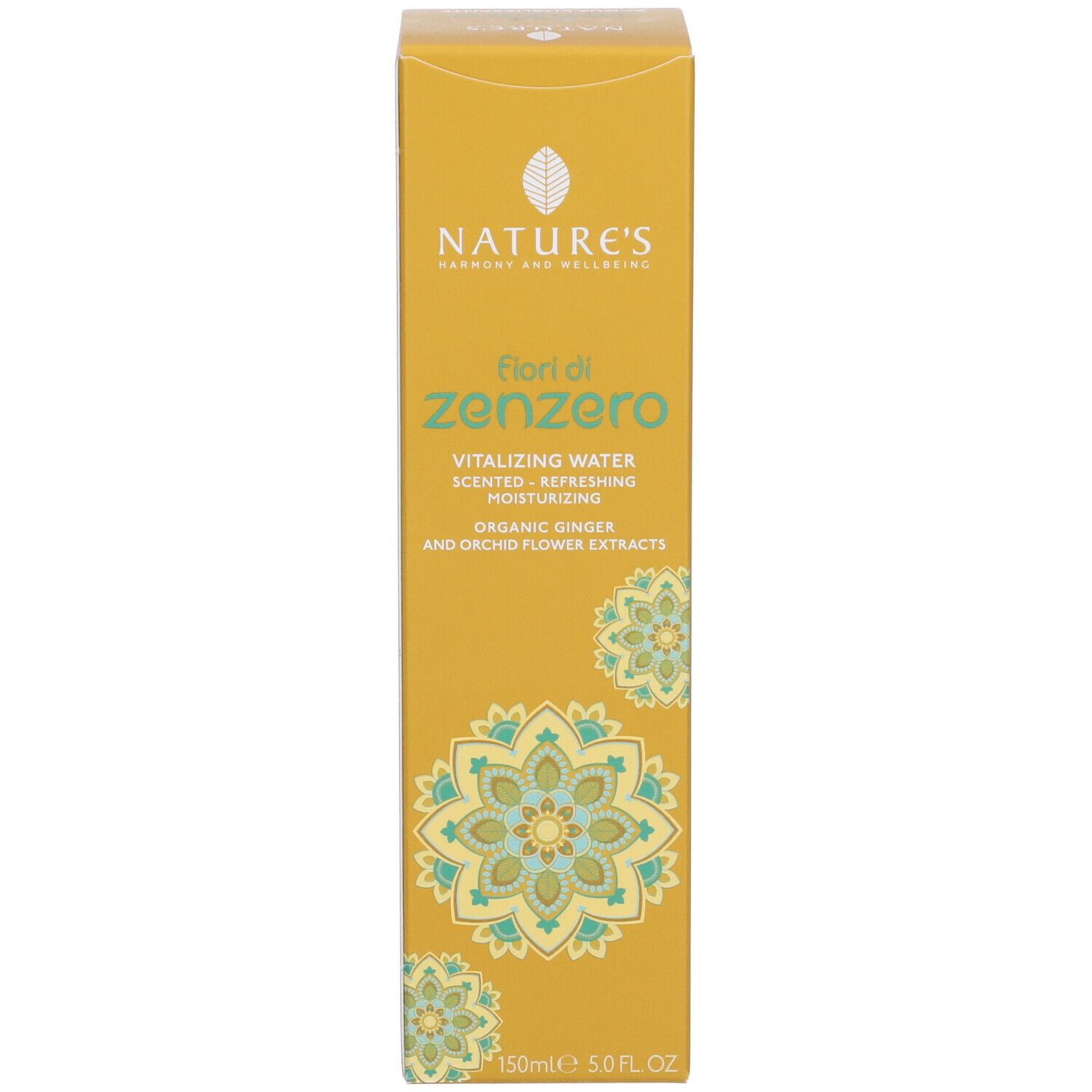 Gelber Karton mit Aufschrift: NATURE'S, Fiori di Zenzero, Aqua Vitalizzante. Türkises Blumenmuster.