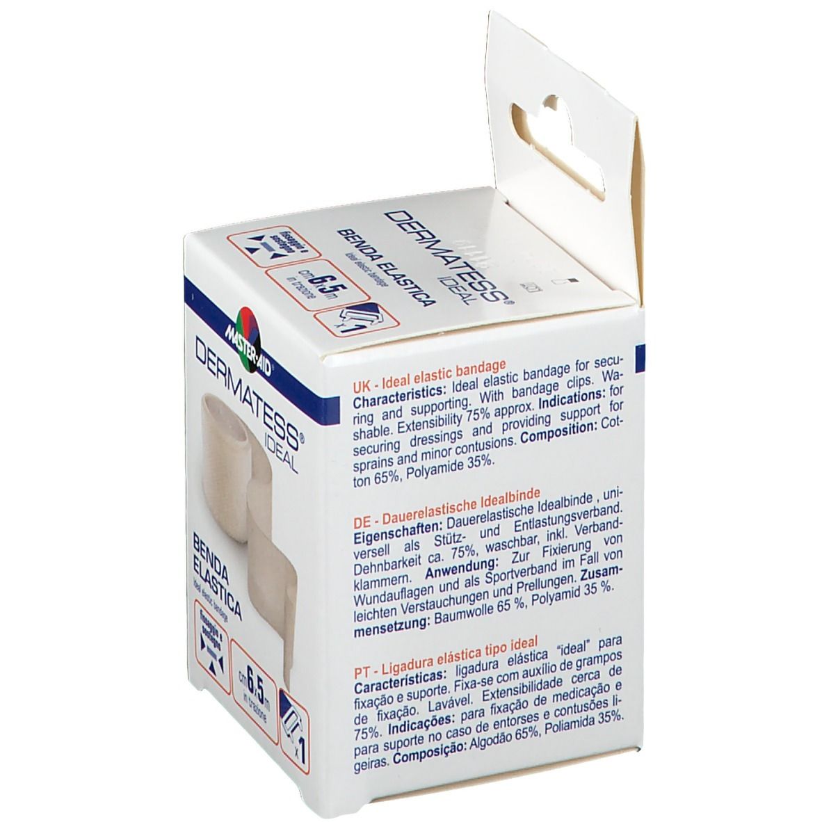 Verpackung von Master-Aid Dermatess Ideal Benda Elastica. Text in verschiedenen Sprachen. Produktinformationen und Abbildungen.