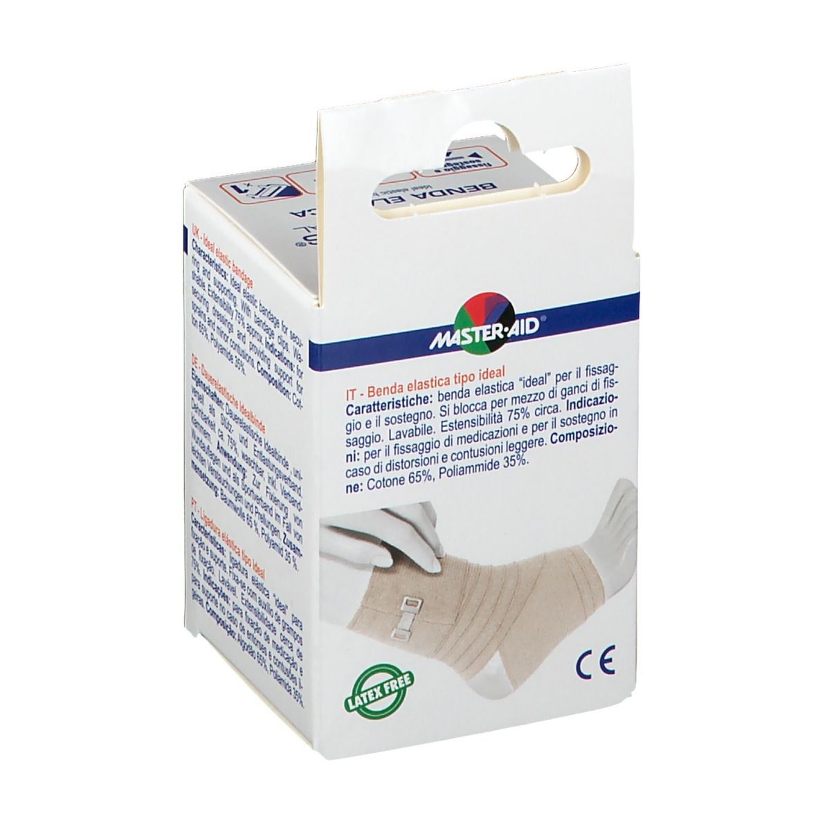 Verpackung von Master-Aid Dermatess Ideal Benda Elastica. Produkt wird am Fuß gezeigt. CE-Kennzeichnung.