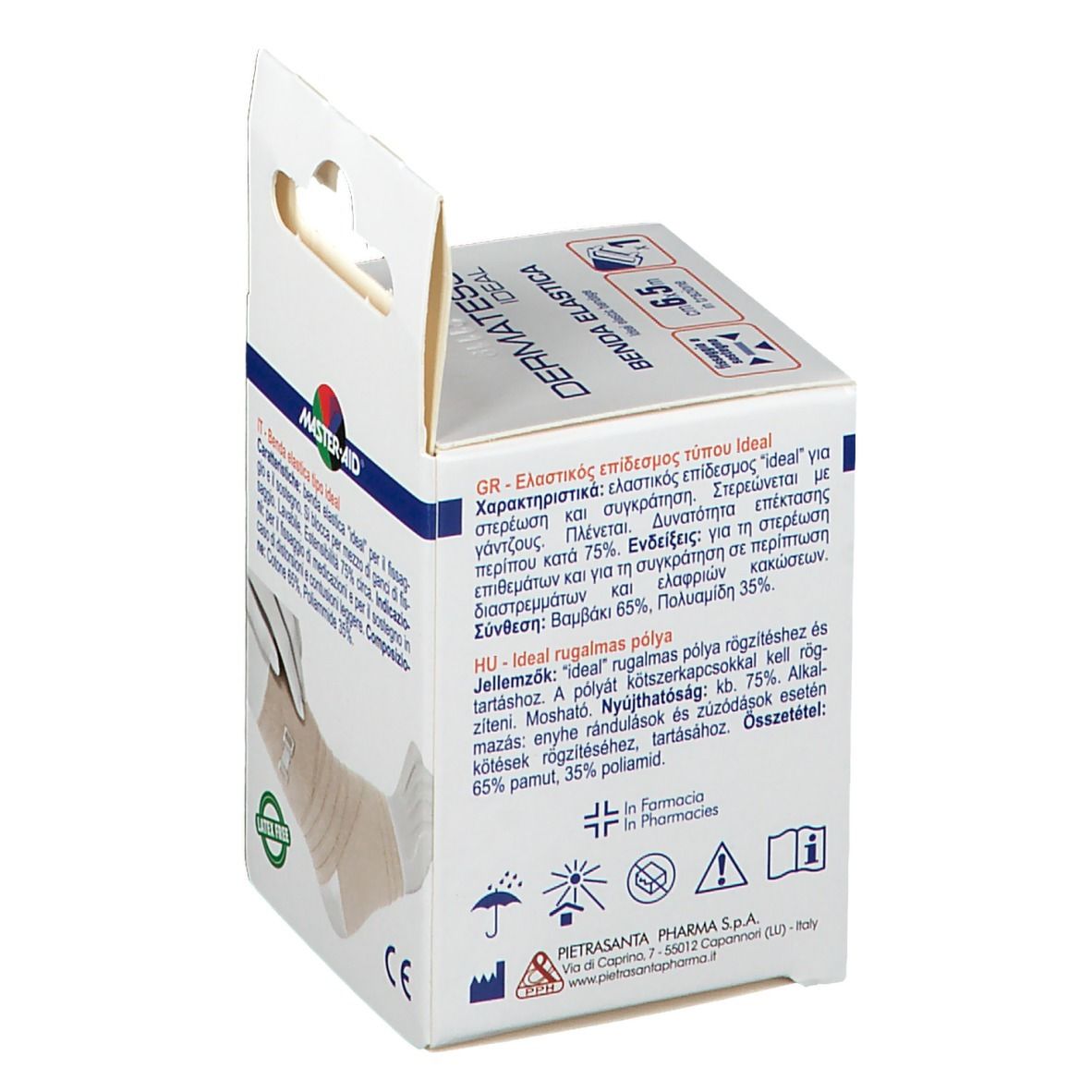 Verpackung von Master-Aid Dermatess Ideal Benda Elastica. Text in verschiedenen Sprachen. CE-Kennzeichnung.