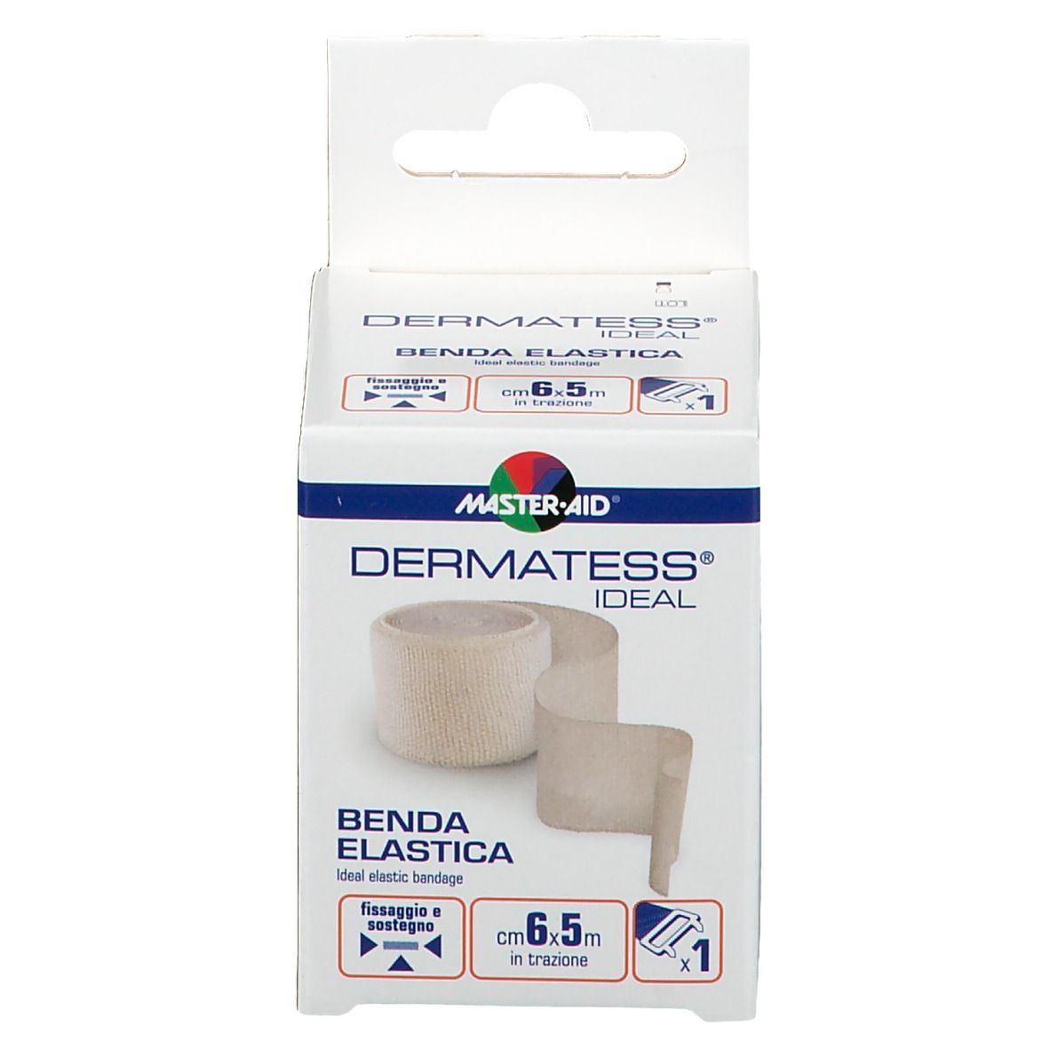 Verpackung von Master-Aid Dermatess Ideal Benda Elastica. Aufschrift: 6 cm x 5 m. Gezeigt wird die Rolle und die Verpackung.
