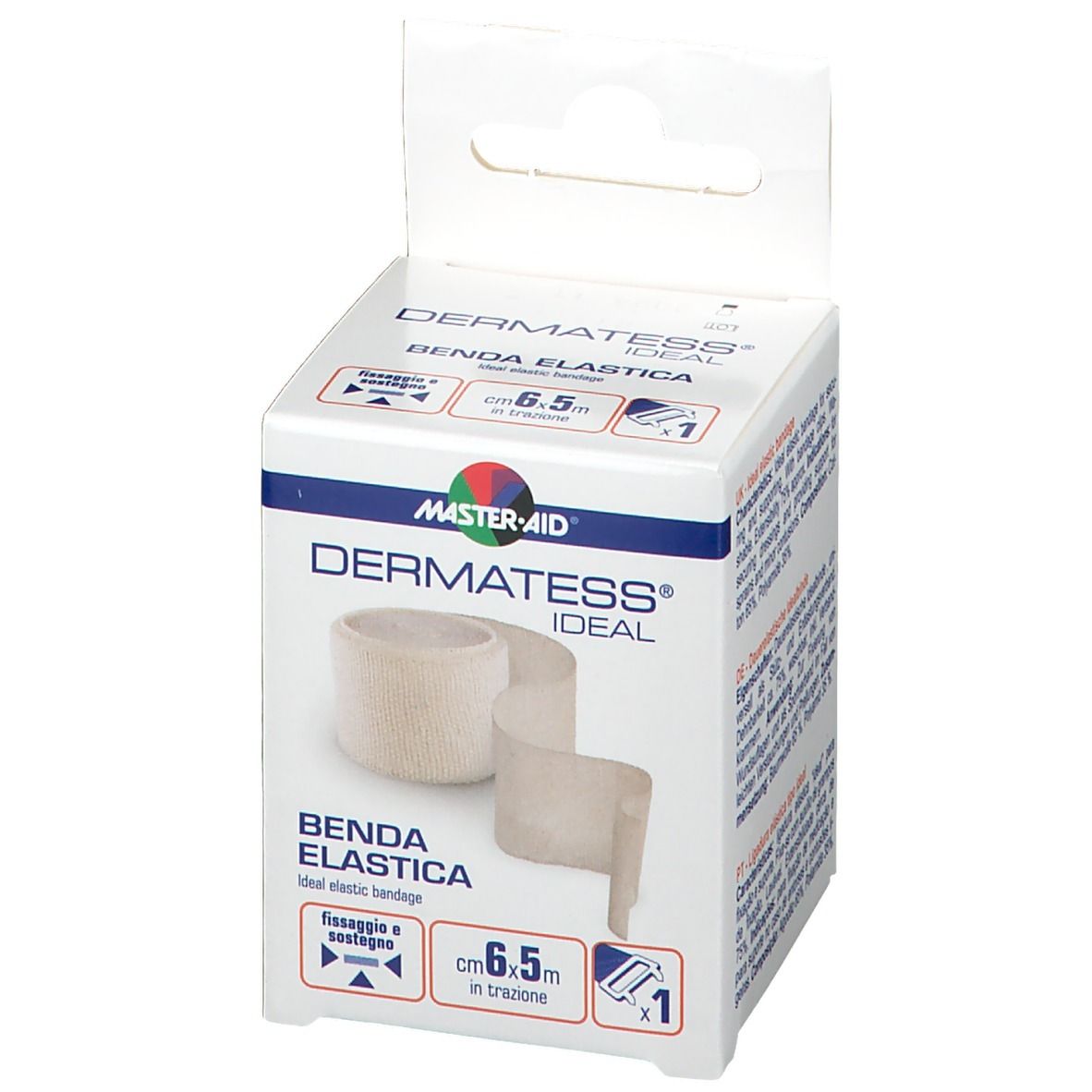 Verpackung von Master-Aid Dermatess Ideal Benda Elastica. Aufschrift: 6 cm x 5 m. Gezeigt wird die Rolle und die Verpackung.