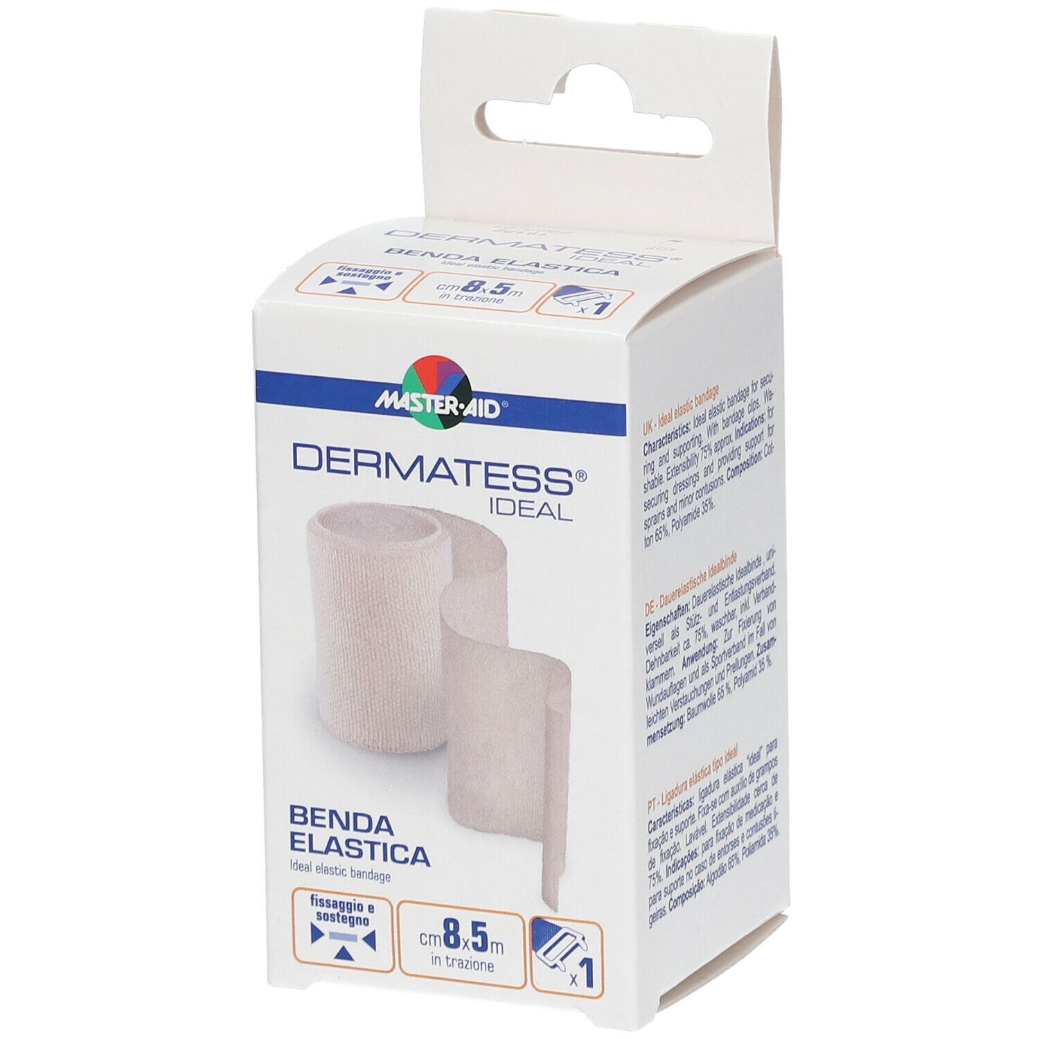 Verpackung von Master-Aid Dermatess Ideal Benda Elastica. Bandage und Produktname sichtbar. Größe: 8,5 m.