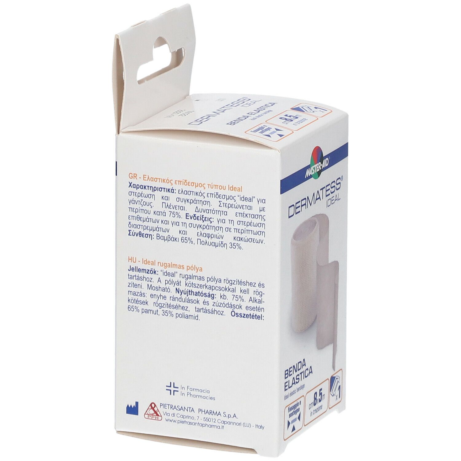 Rückseite der Verpackung von Master-Aid Dermatess Ideal Benda Elastica. Text in verschiedenen Sprachen.