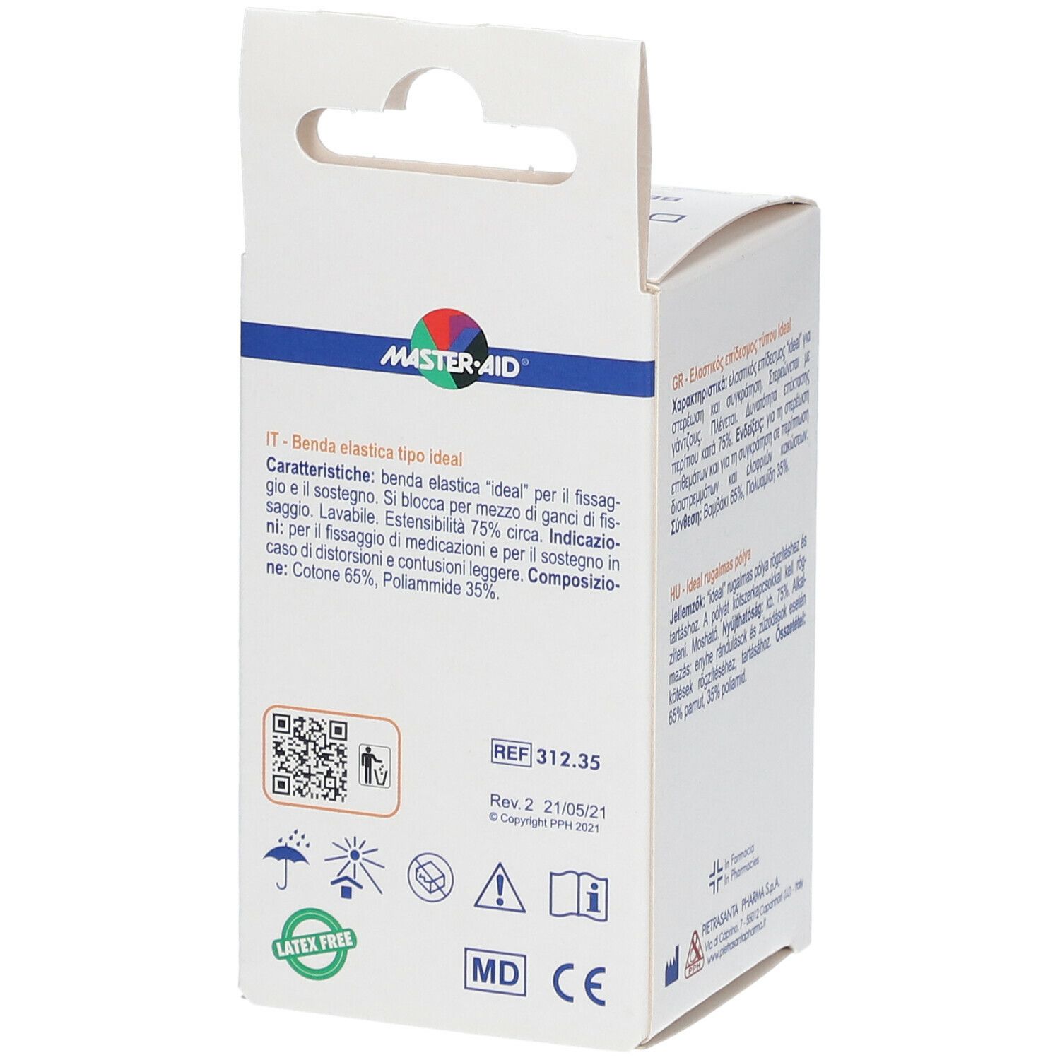 Rückseite der Verpackung von Master-Aid Dermatess Ideal Benda Elastica. Text, Logos und Symbole.
