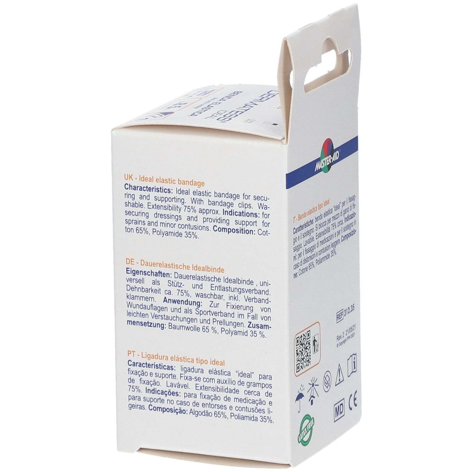 Rückseite der Verpackung von Master-Aid Dermatess Ideal Benda Elastica. Text in verschiedenen Sprachen.