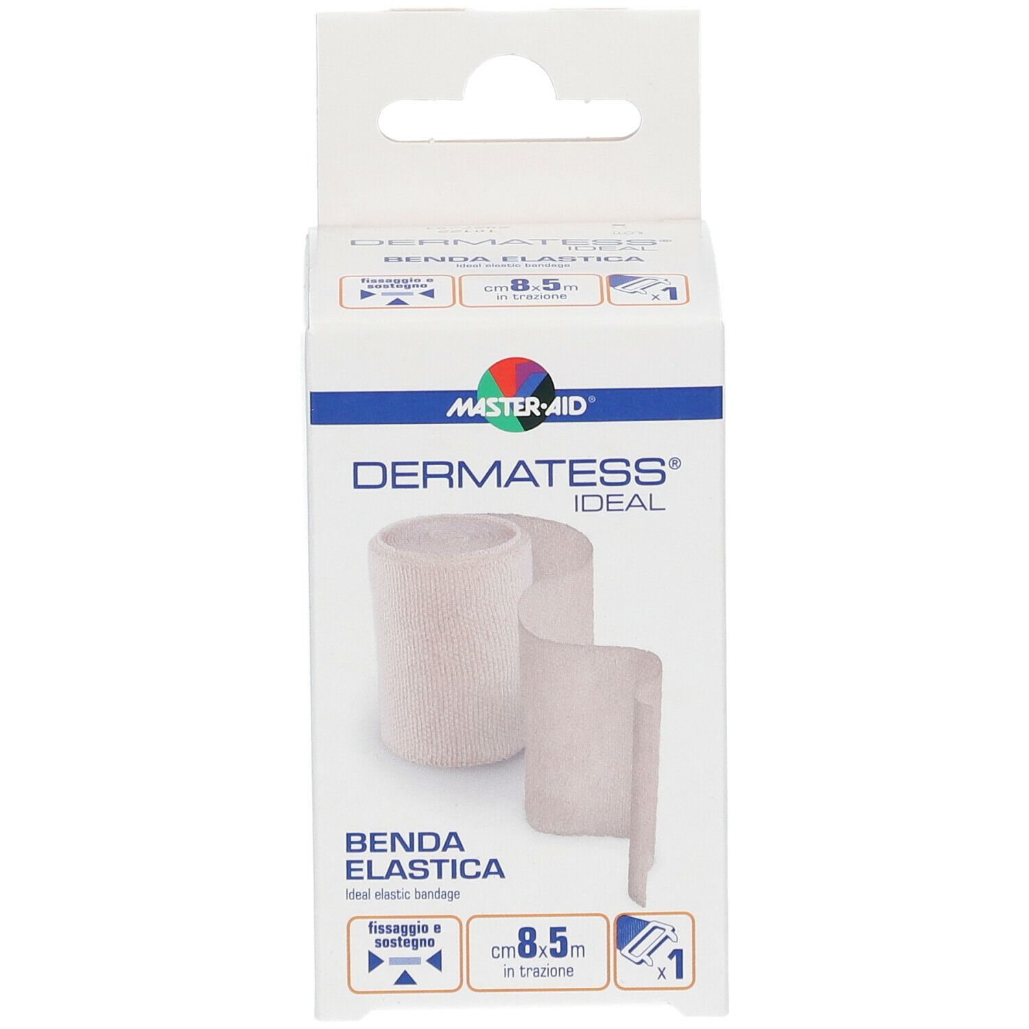 Verpackung von Master-Aid Dermatess Ideal Benda Elastica. Bandage und Produktname sichtbar. Größe: 8,5 m.
