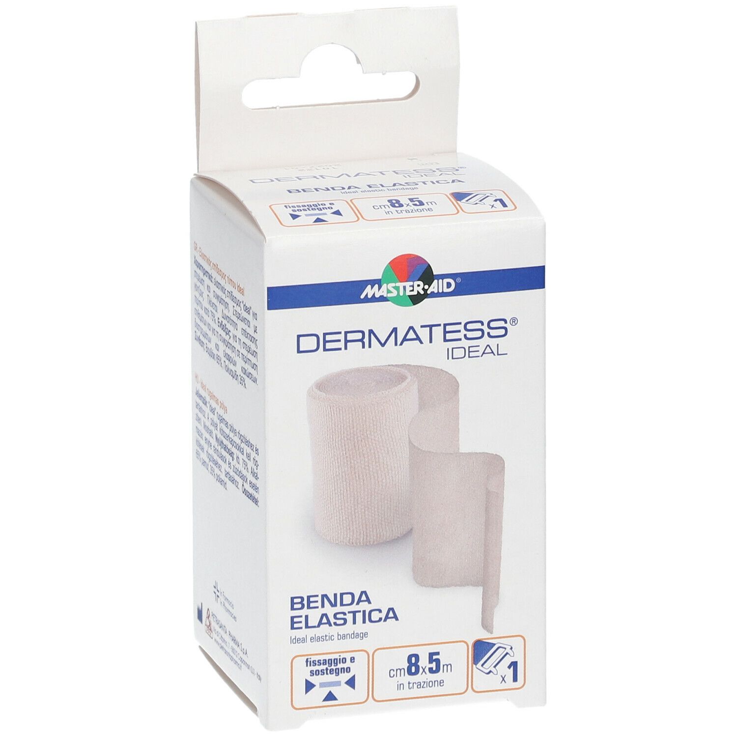 Verpackung von Master-Aid Dermatess Ideal Benda Elastica. Bandage und Produktname sichtbar. Größe: 8,5 m.