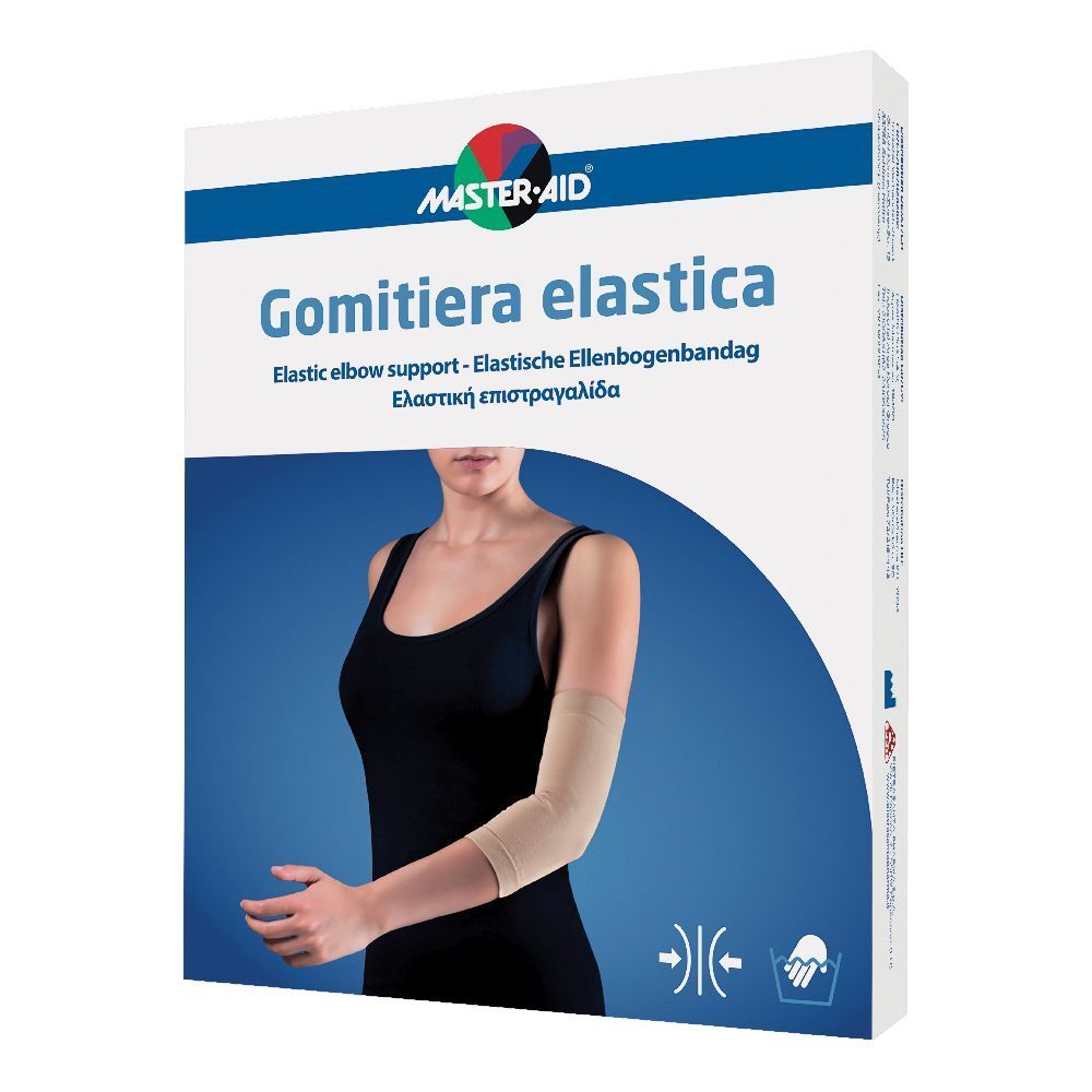 Supporto elastico per gomito in confezione. Scritta: Gomitiera elastica, logo Master-Aid. Immagine di persona con supporto.