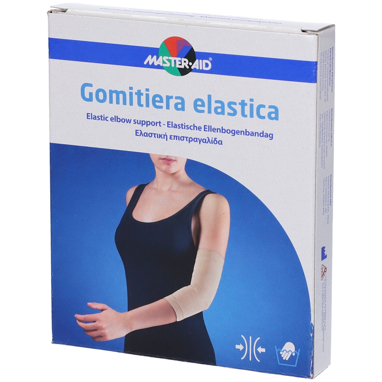 Supporto elastico per gomito in confezione. Scritta: Gomitiera elastica, logo Master-Aid. Immagine di persona con supporto.