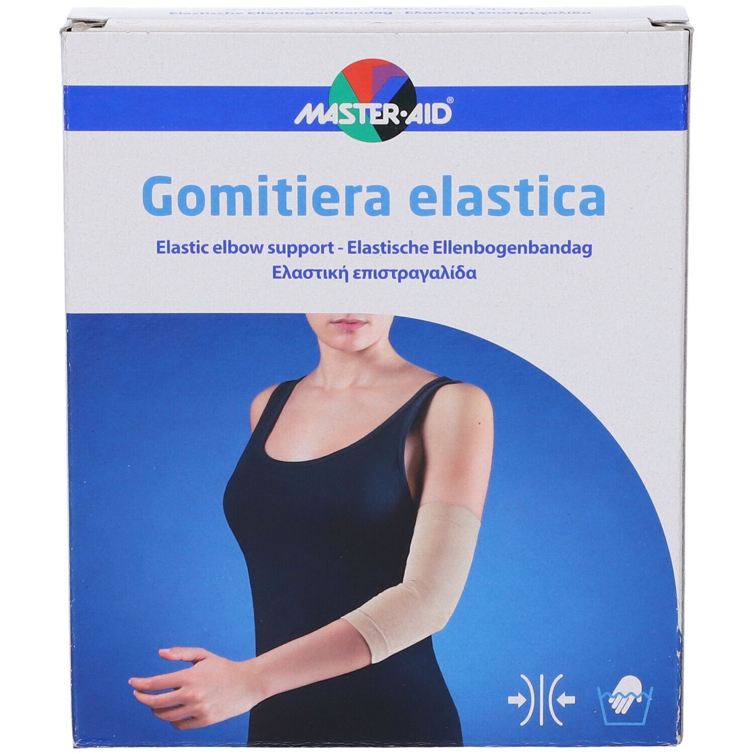 Supporto elastico per gomito in confezione. Scritta: Gomitiera elastica, logo Master-Aid. Immagine di persona con supporto.