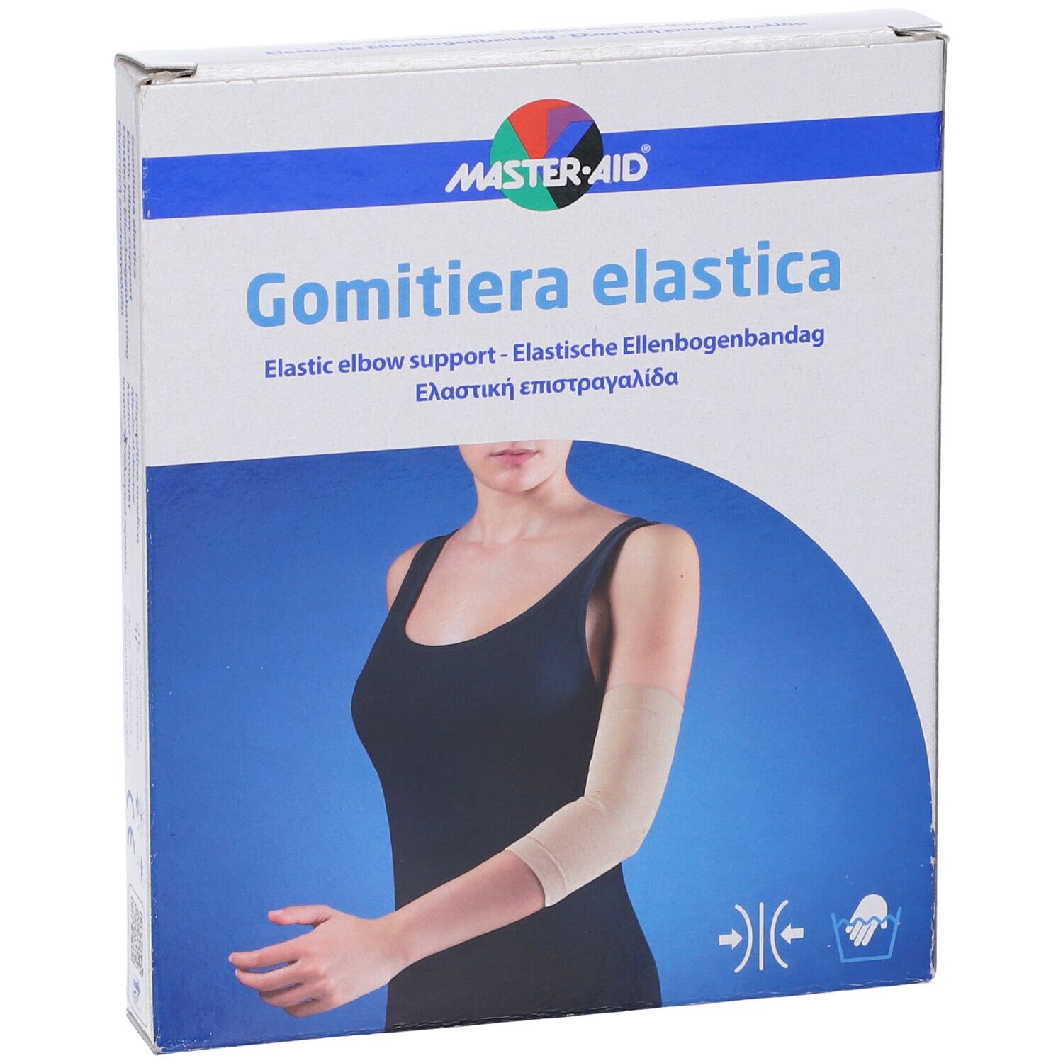 Supporto elastico per gomito in confezione. Scritta: Gomitiera elastica, logo Master-Aid. Immagine di persona con supporto.