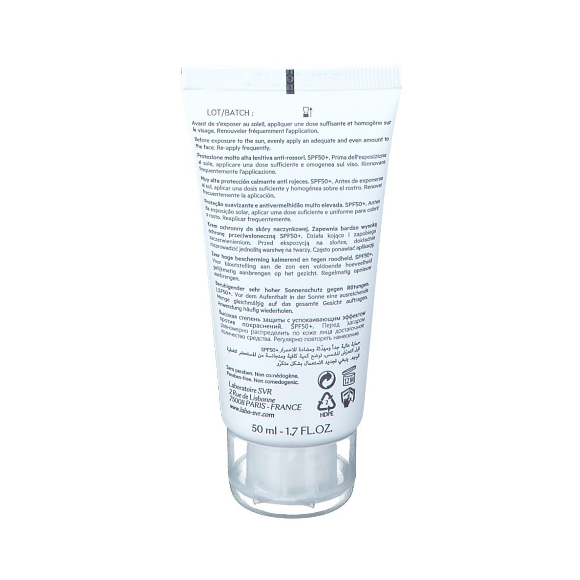 Retro del tubo SVR Sensifine AR Crème SPF50+. Testo multilingue, incluso il francese.