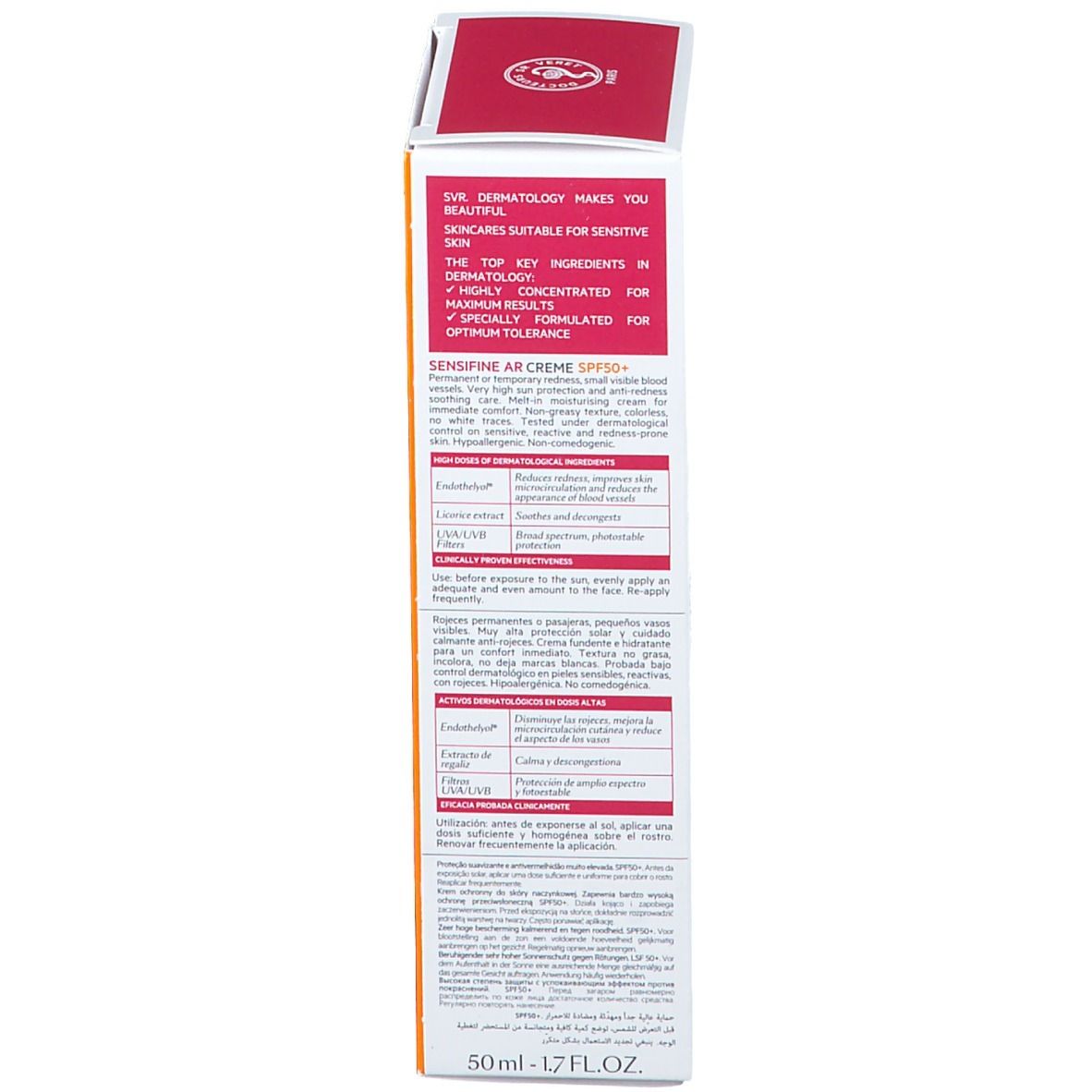 Retro della confezione SVR Sensifine AR Crème SPF50+. Testo in francese.