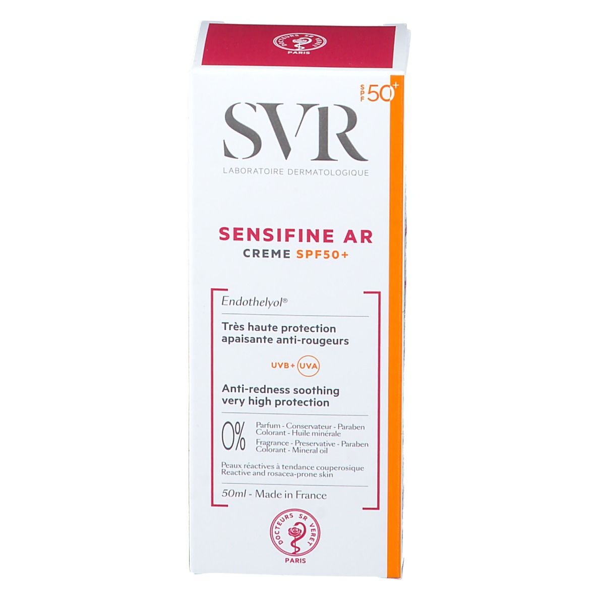 Confezione SVR Sensifine AR Crème SPF50+. Confezione rossa/bianca. Testo in francese.