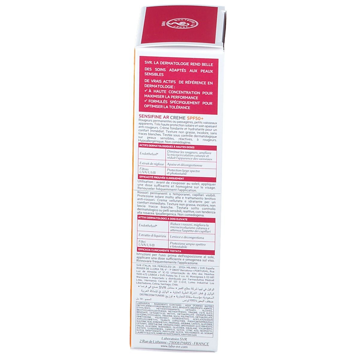 Retro della confezione SVR Sensifine AR Crème SPF50+. Testo in francese.
